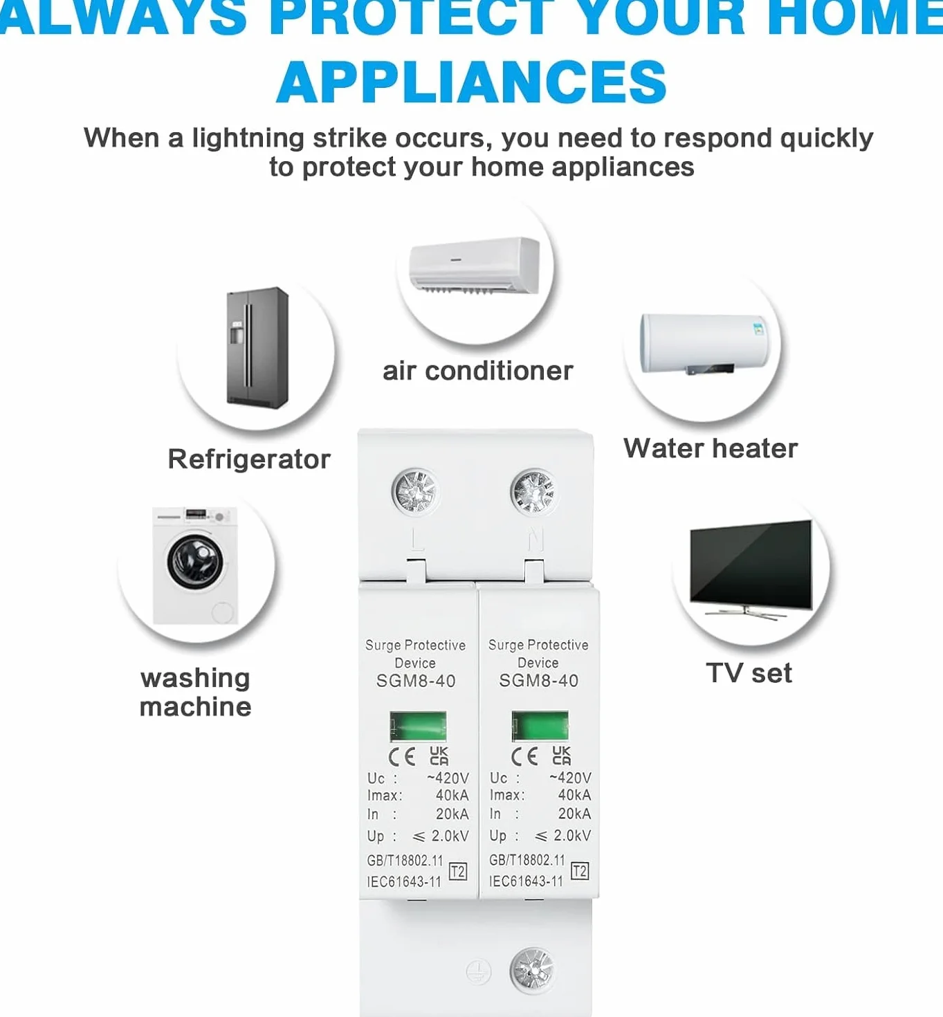 DEWIN Scaricatore di Sovratensione 220V 2P 40kA AC 420V Dispositivo di Protezione Contro le Sovratensioni