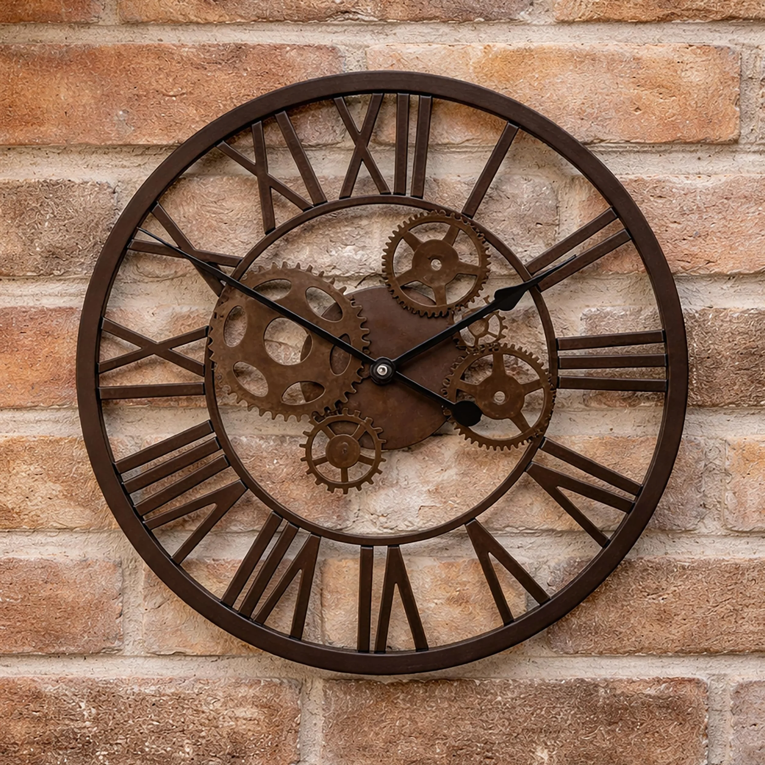 garden mile Orologio da parete tradizionale con numeri romani in stile vintage marrone impermeabile a batteria, grande metallo retrò a ingranaggio rotondo scheletro orologi da parete giardino patio
