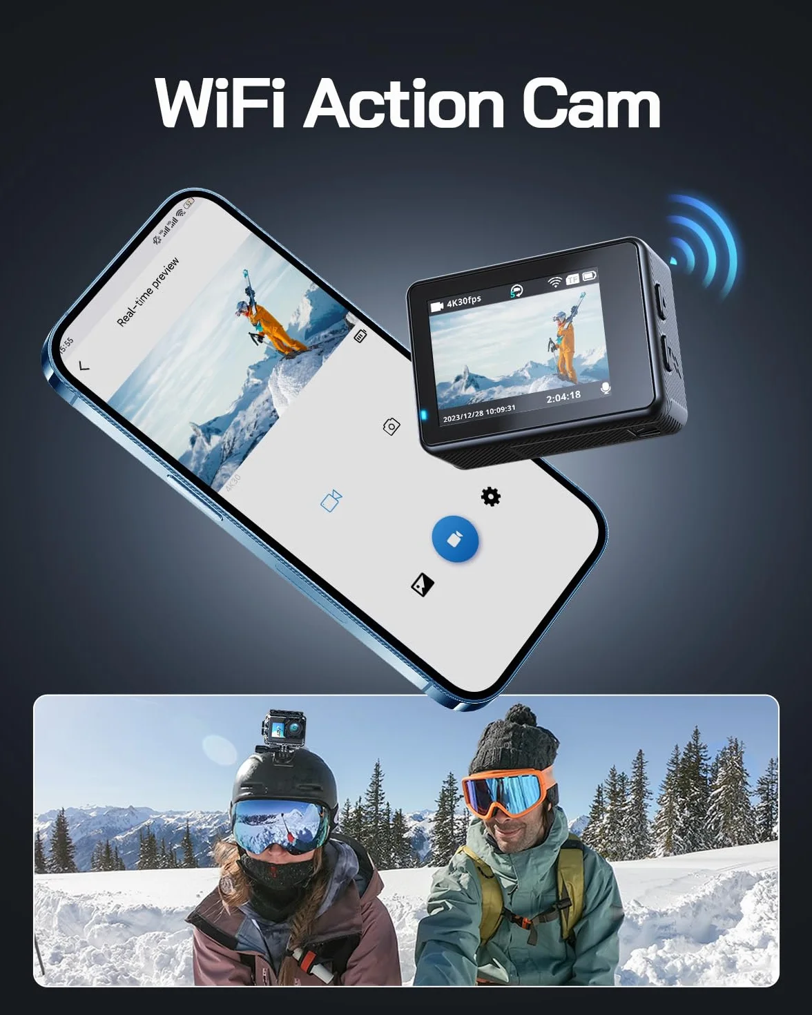 WOLFANG Action Camera 4K 30FPS 20MP WIFI 170° Wide Angle 40M Waterproof with External Mic Remote 2 Batteries