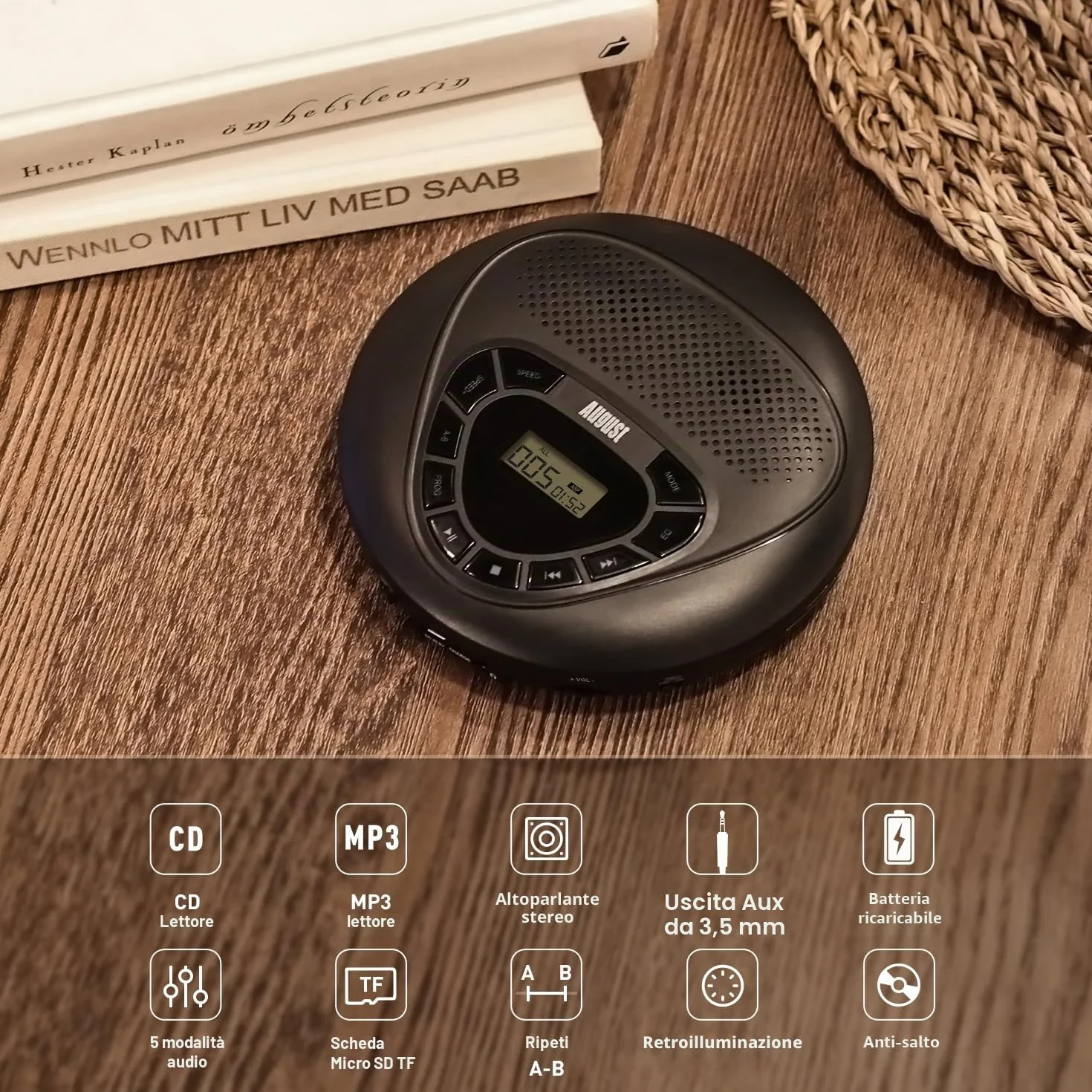 August SE10 Lettore CD Portatile con Altoparlanti, Batteria Ricaricabile, Anti-shock, Aux out, Micro SD, Nero