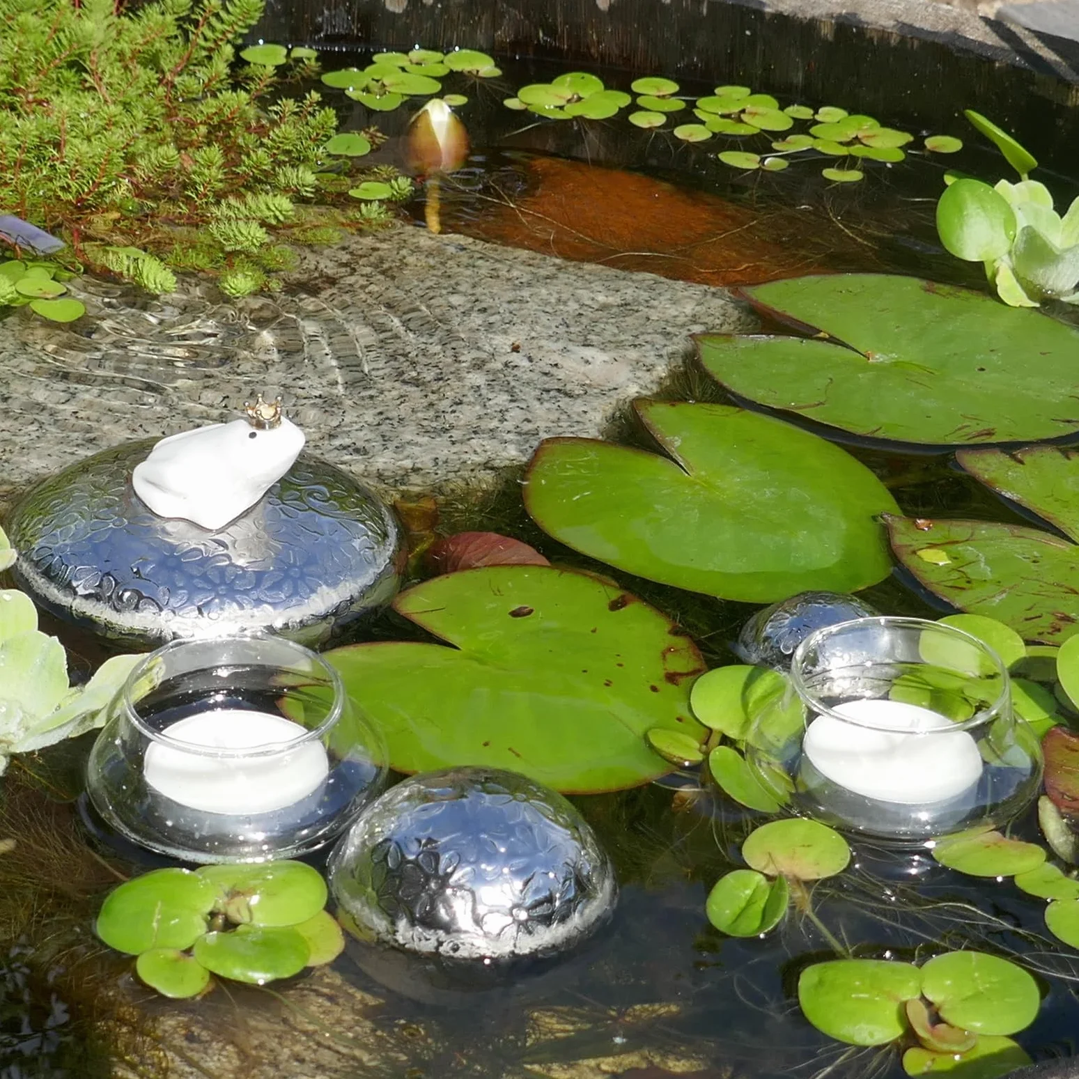 Storm's Gartenzaubereien Miniteich - Set completo con rana galleggiante in ceramica e ciotole per lumini