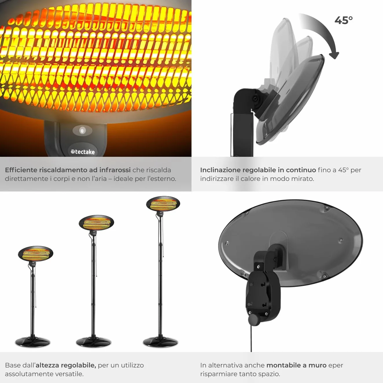 Tectake Riscaldatore a Infrarossi 2000W Lampada Regolabile 3 Livelli Potenza Protezione Anti-Ribaltamento Nero
