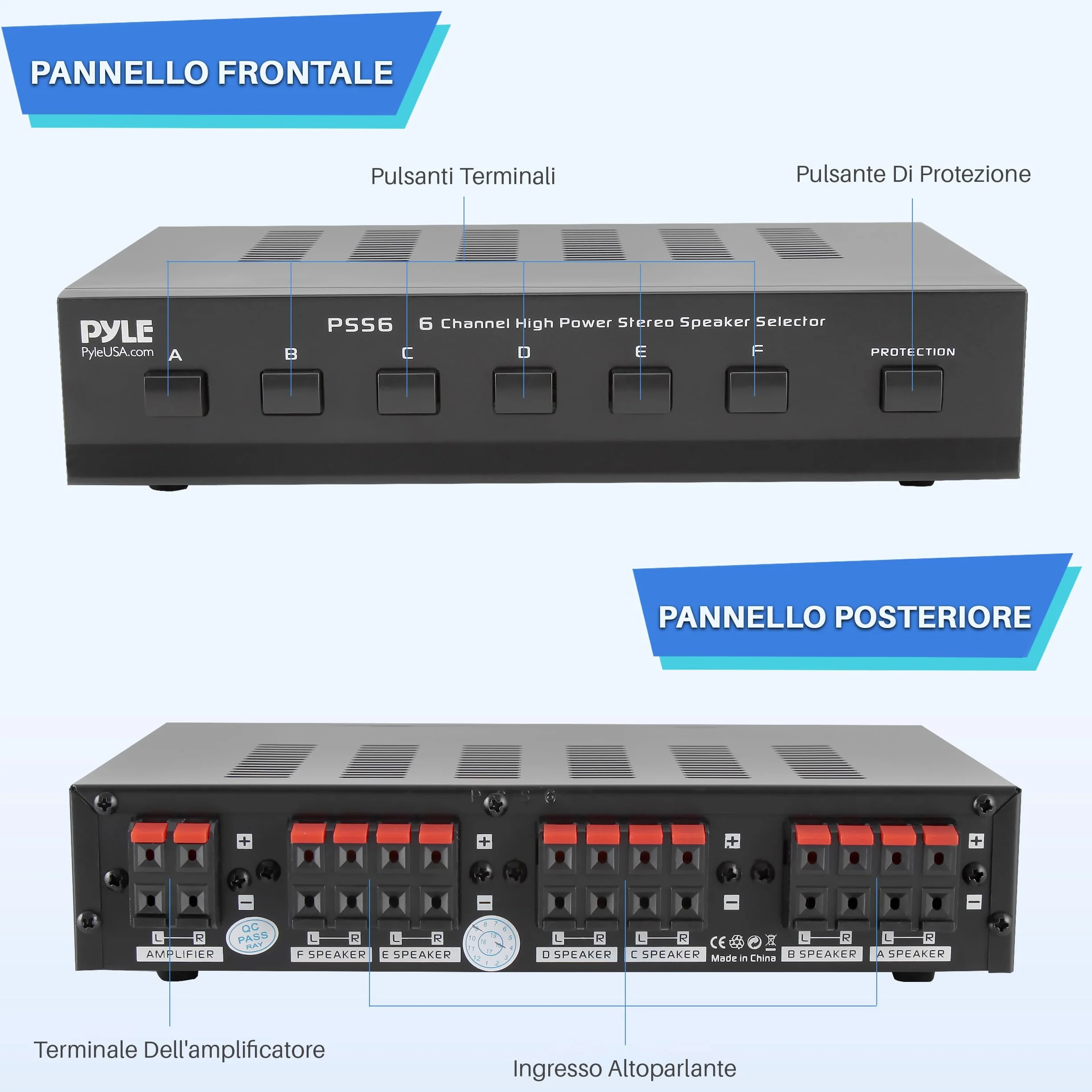 Pyle Amplificatore Audio Stereo Selettore Altoparlanti 6 Zone Interruttore Multi-Canale