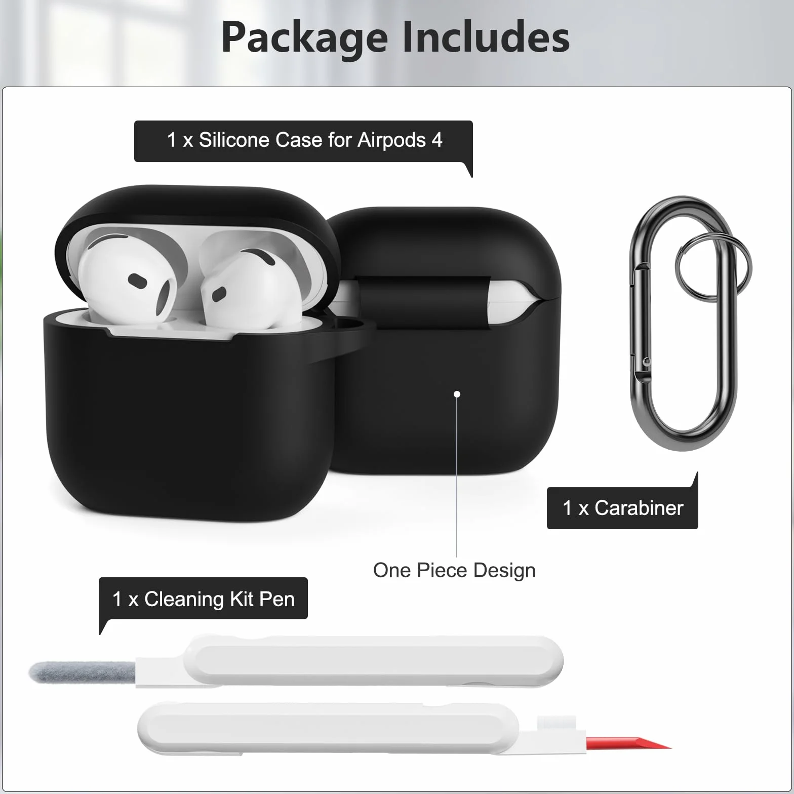 Custodia Case Compatibile con AirPods 4 2024, Cover Protettiva in Morbido Silicone per AirPods 4ª Generazione con Moschettone, LED Visibile, Nero