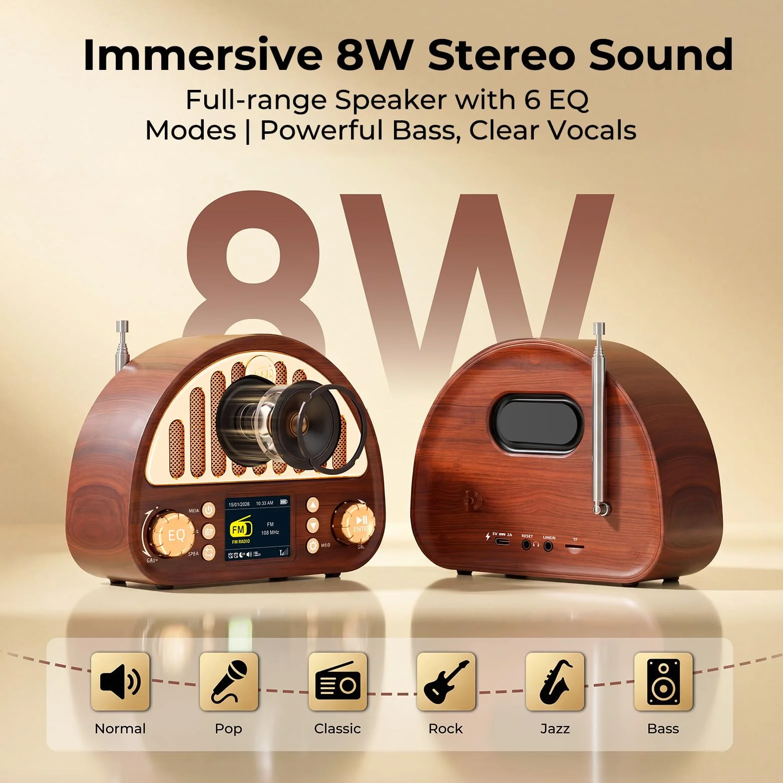 ROCAM Radio DAB+/FM Retrò Bluetooth 5.0 8 W 3000 mAh Display Colori RDS AUX IN MicroSD Sveglia Timer Sonno 80 Preset