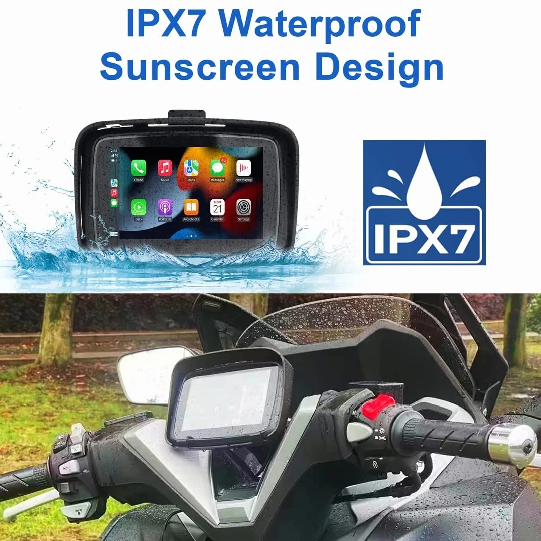 Navigatore Moto IPX7 Impermeabile 5" Touch Screen HD Carplay Wireless Android Auto Supporto