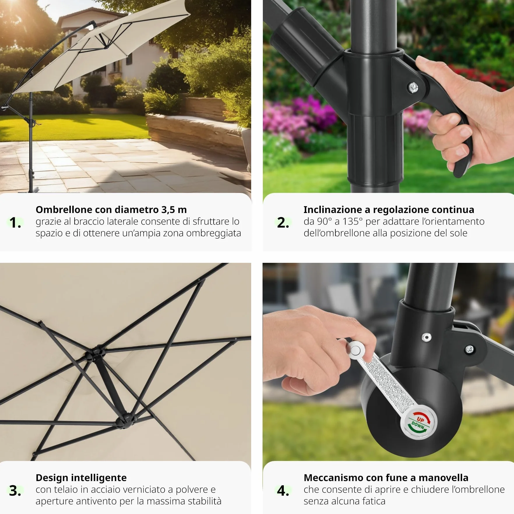 tectake® Ombrellone da Esterno con Robusta Struttura di Sostegno, Inclinabile, Idrorepellente, Resistente ai Raggi UV, Custodia Ombrellone da Giardino Inclusa