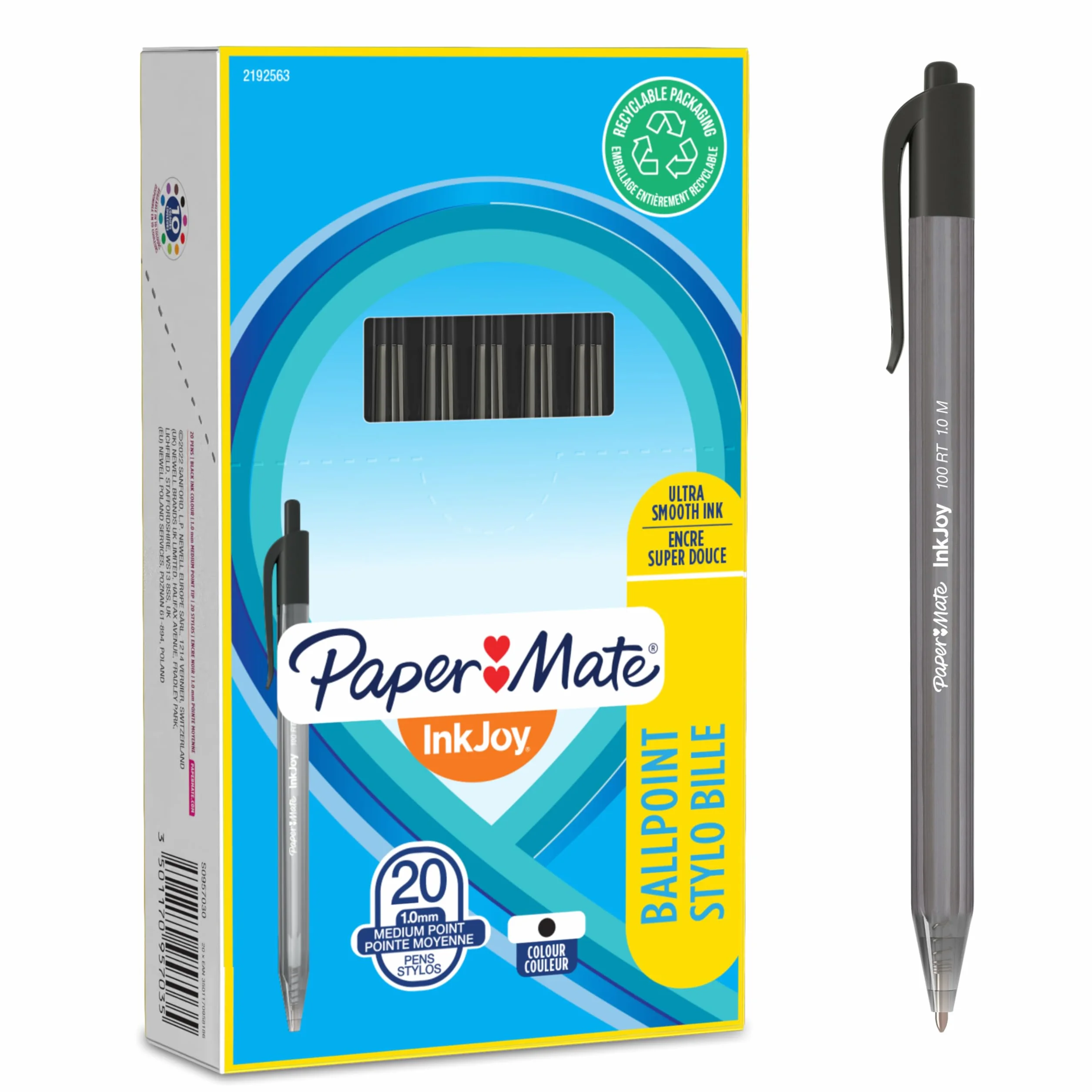 Paper Mate InkJoy 100RT Penna a Sfera a Scatto Punta Media 1,0 mm Nero Confezione da 20