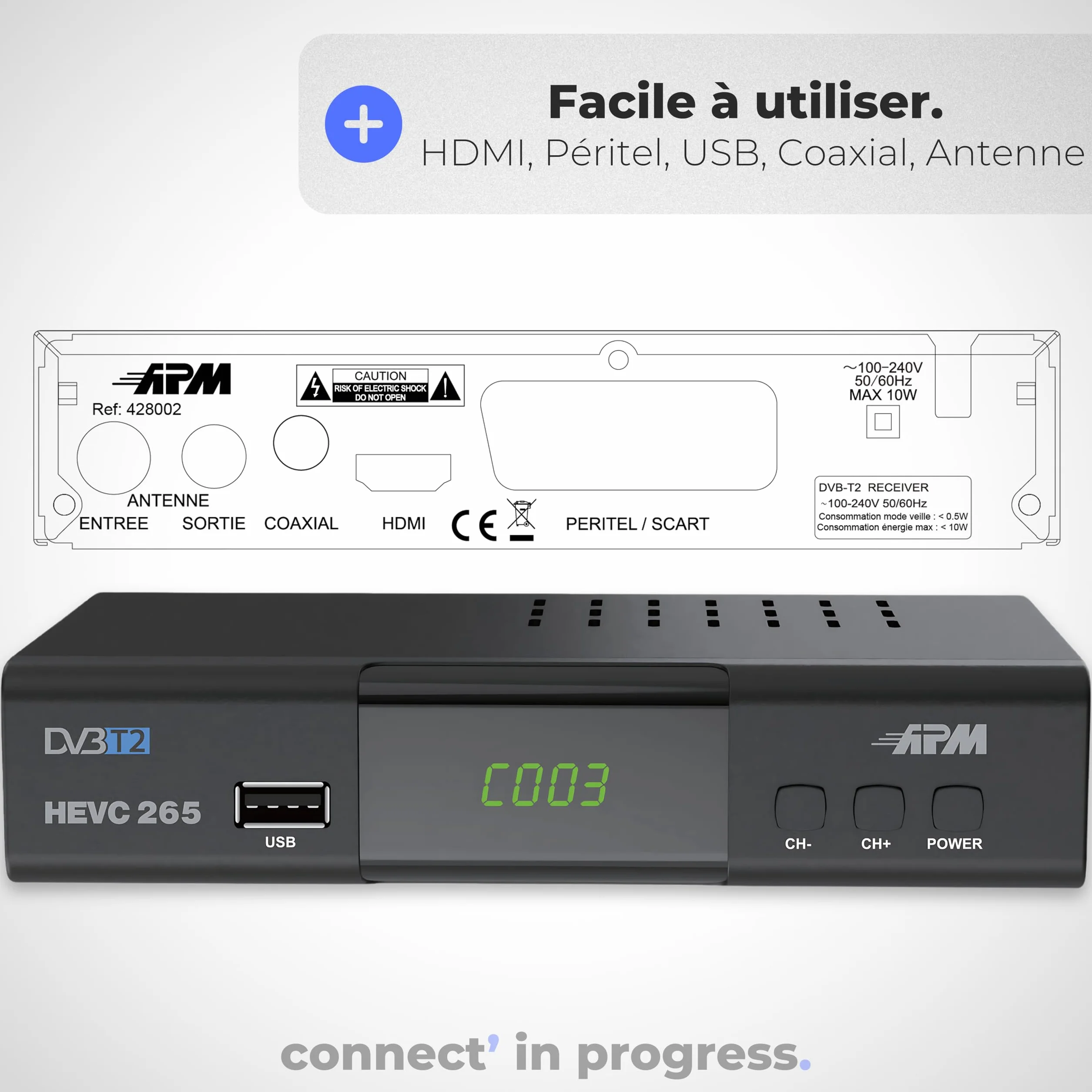APM Decoder TNT Full HD 1080p H.265 HEVC DVB-T2 DVB-C HDMI SCART USB Coax