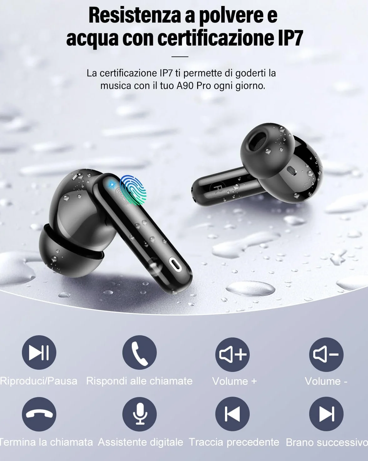 Btootos Cuffie Bluetooth 5.4 con 4 Mic In Ear HiFi Stereo, 36Ore LED Display IP7 Impermeabili, Touch Control Nero