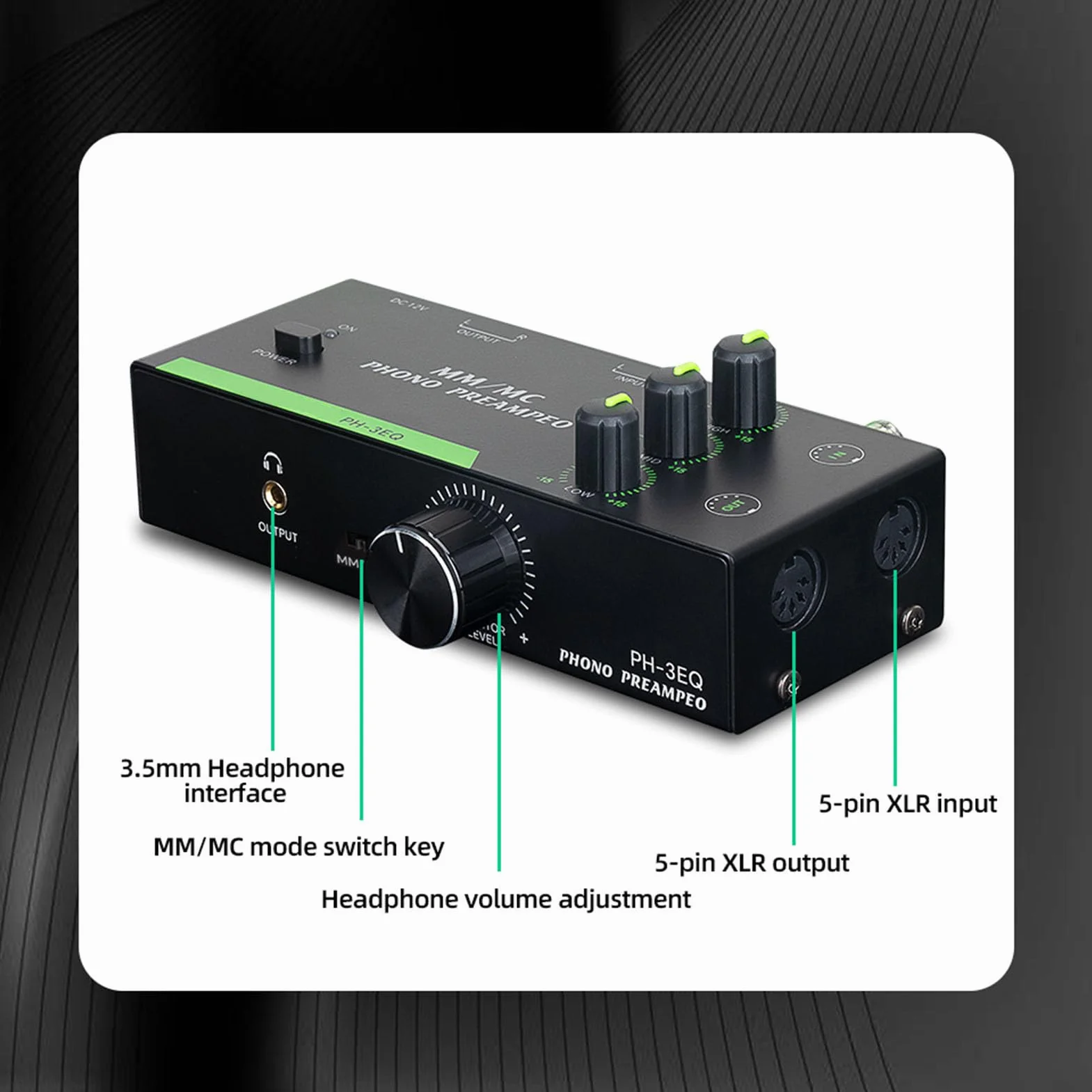 Preamplificatore Phono MM MC Professionale con Ingresso XLR 5 Pin Equalizzazione Regolabile