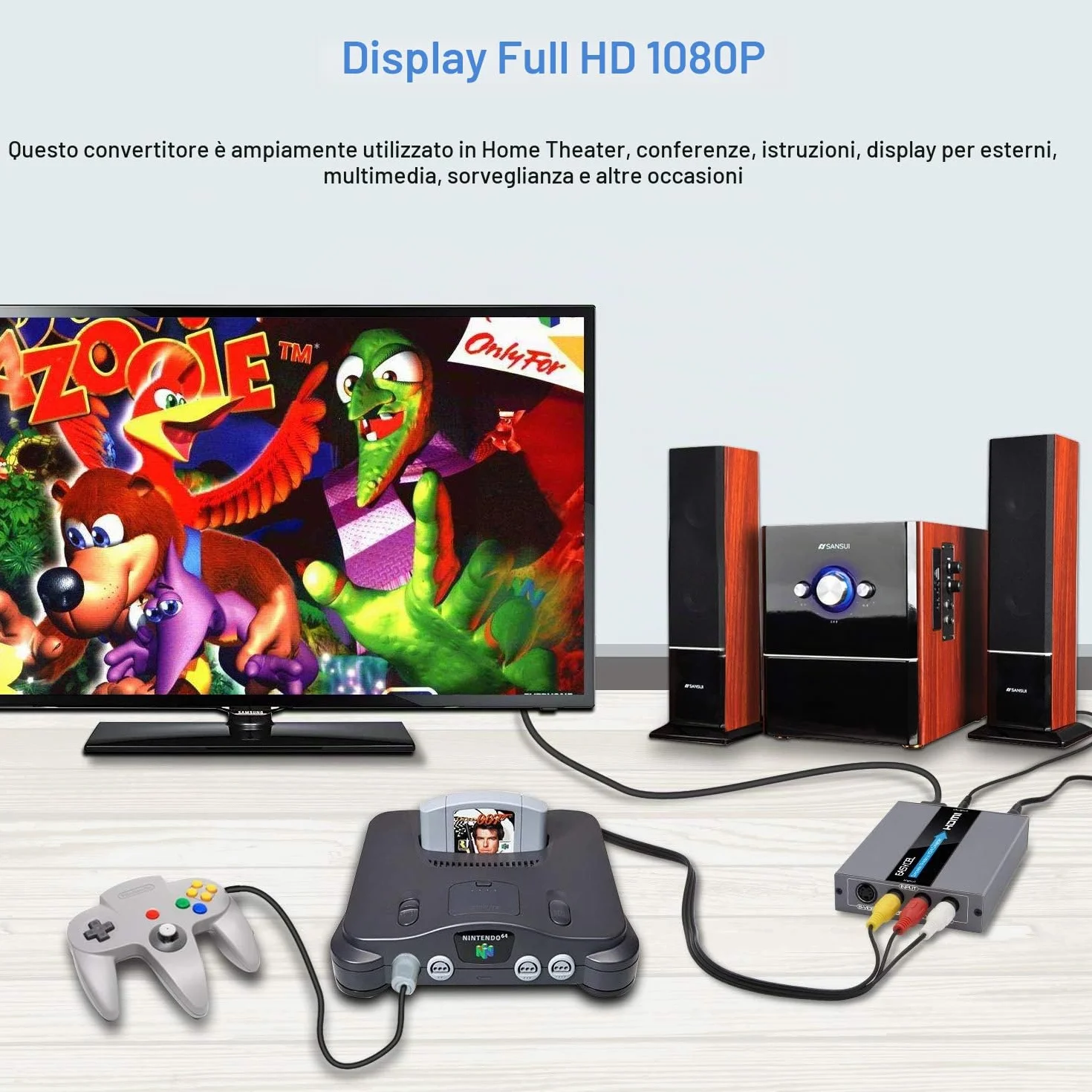 Convertitore RCA S-Video a HDMI, RCA Composite CVBS AV + R/L Audio Ingresso a HDMI Uscita Upscale, 720P/1080P per N64 PS2 Wii DVD