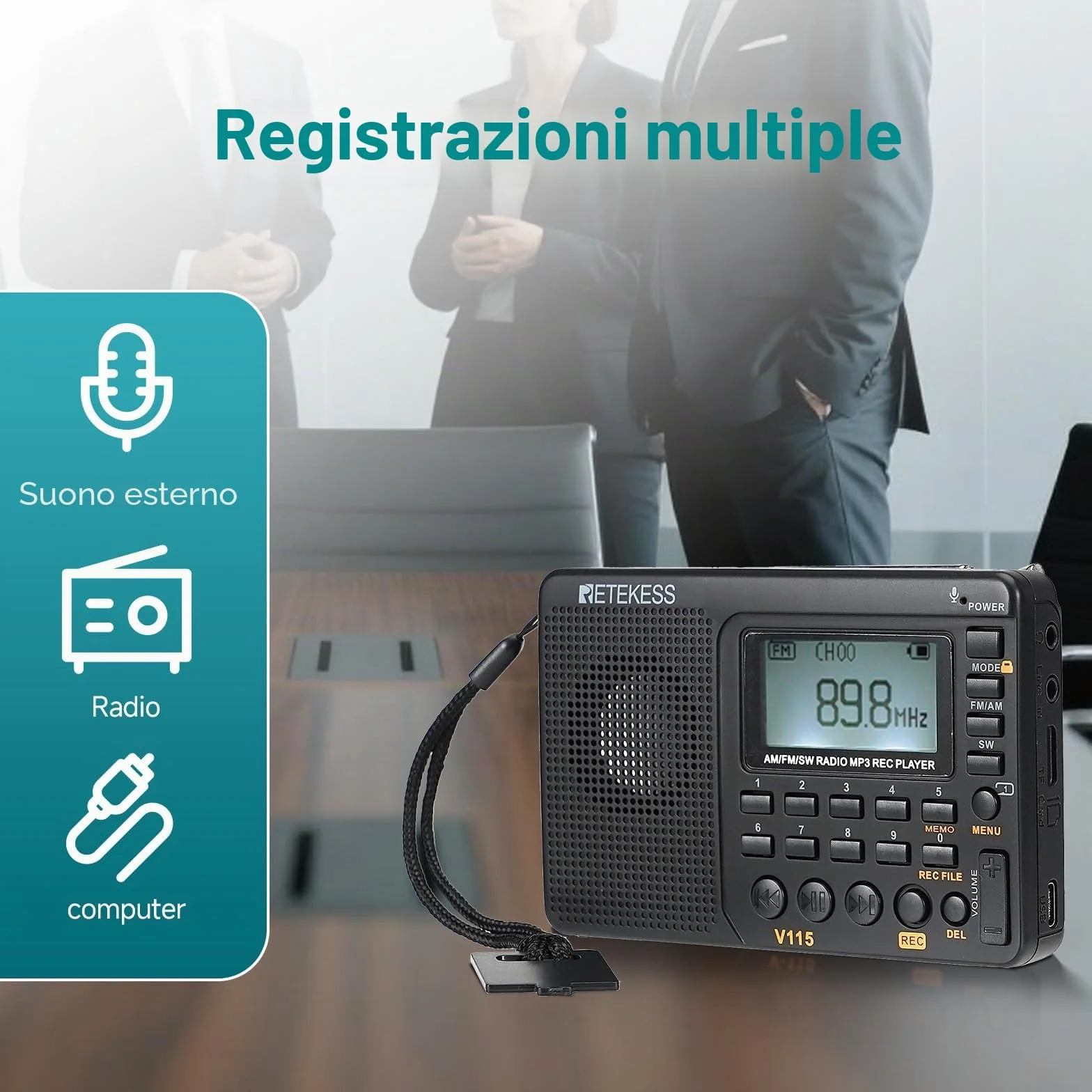 Retekess V115 Radio FM Portatile AM SW con Supporto USB AUX TF Batteria Ricaricabile Nero