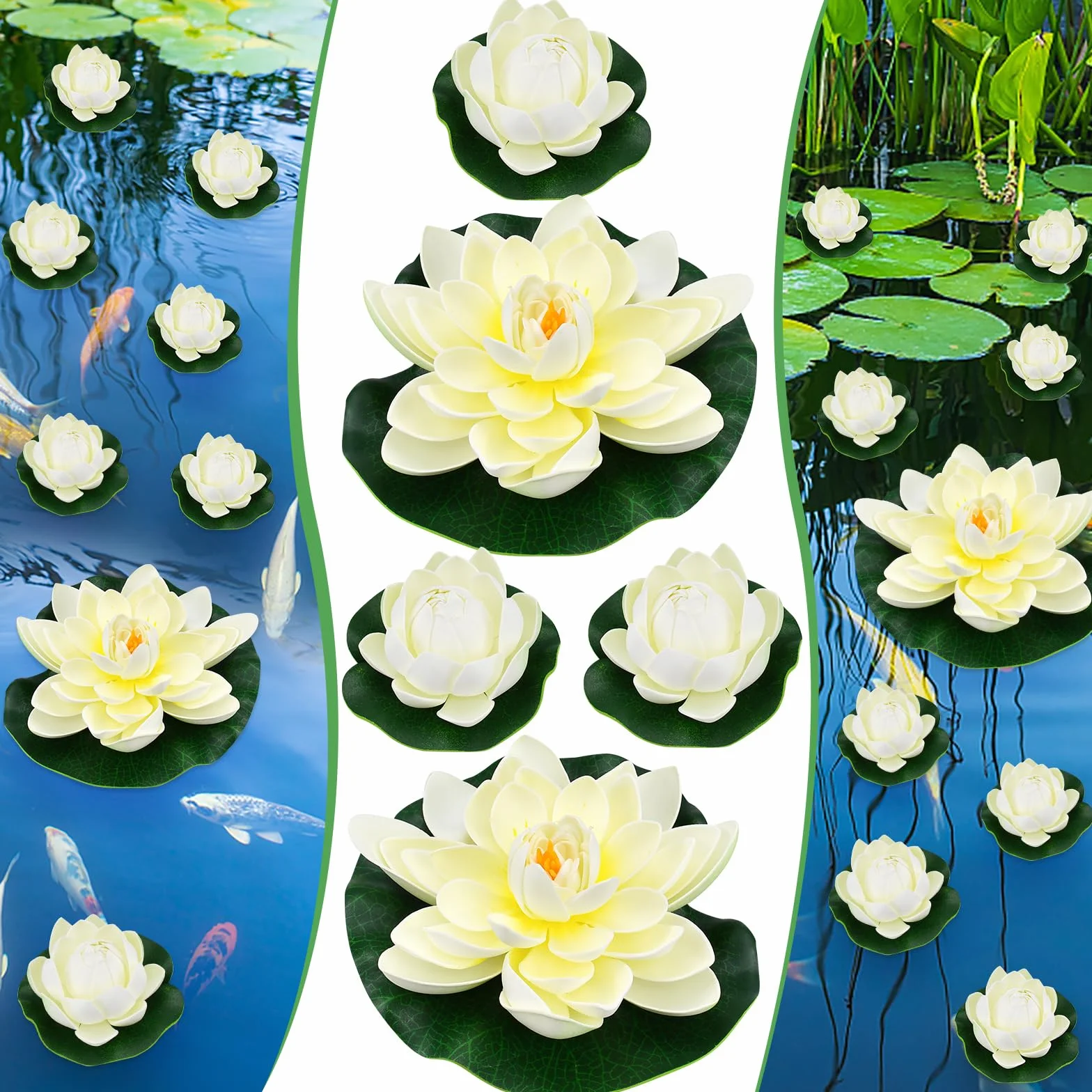 5 Fiori Galleggianti per Laghetti, Fiori di Loto Galleggianti 10 cm e 18 cm Ninfee Artificiali Bianche in Schiuma Eva per Decorazione Acquario Terrazza Giardino Piscina