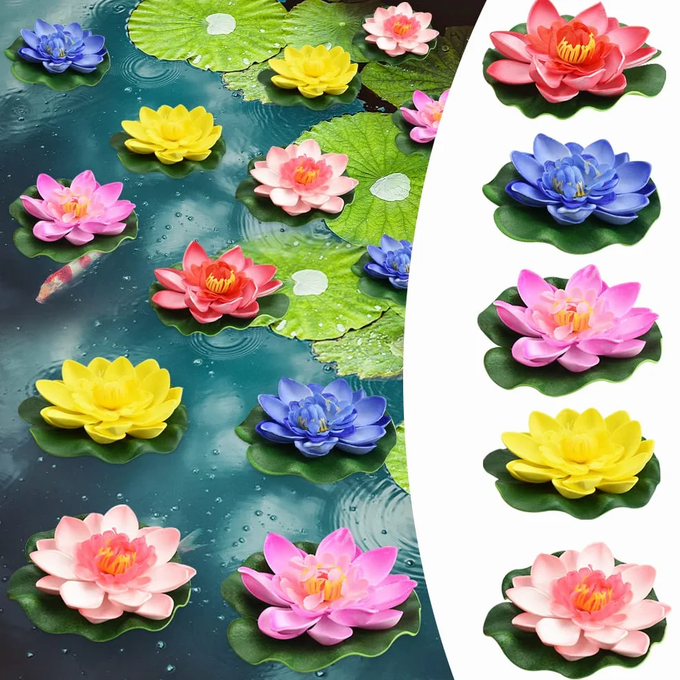 Reforung 5 Pz Fiori di Loto Galleggianti Ninfee Finte Galleggianti 10 cm Ninfee Artificiali Impermeabile Galleggiante Stagno Decor Ninfea per Casa Giardino, Stagni Piscina, Acquario (5 Colore)
