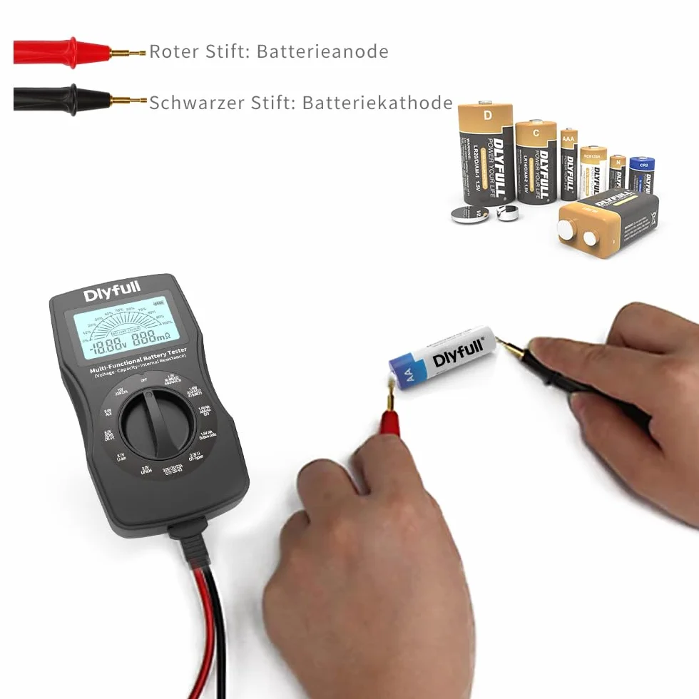 Dlyfull Tester Batterie Stilo Universale per AA AAA C D 9V Ricaricabili e Non Ricaricabili Volt Resistenza Interna Checker