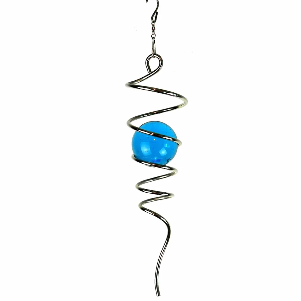FONMY Sfera a spirale con coda a spirale, girandola decorativa da 28 cm e sfera di vetro da 5,1 cm, decorazione da giardino per interni ed esterni, colore blu argento, altezza 33 cm