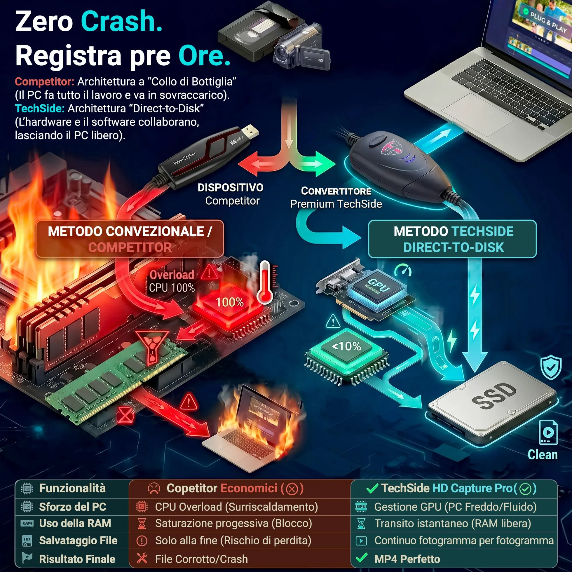 TechSide Video Grabber 2025: Convertitore VHS in Digitale USB 2.0 con SCART e RCA per Videoregistratore, Hi8, Mini DV – Scheda Acquisizione Video MP4