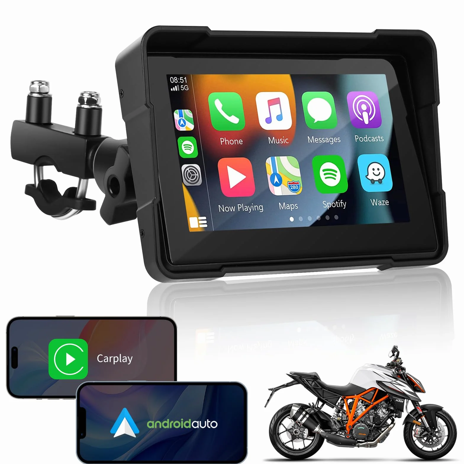 Navigatore Auto Portatile CarPlay Android Auto per Moto 5 Pollici Impermeabile Touchscreen