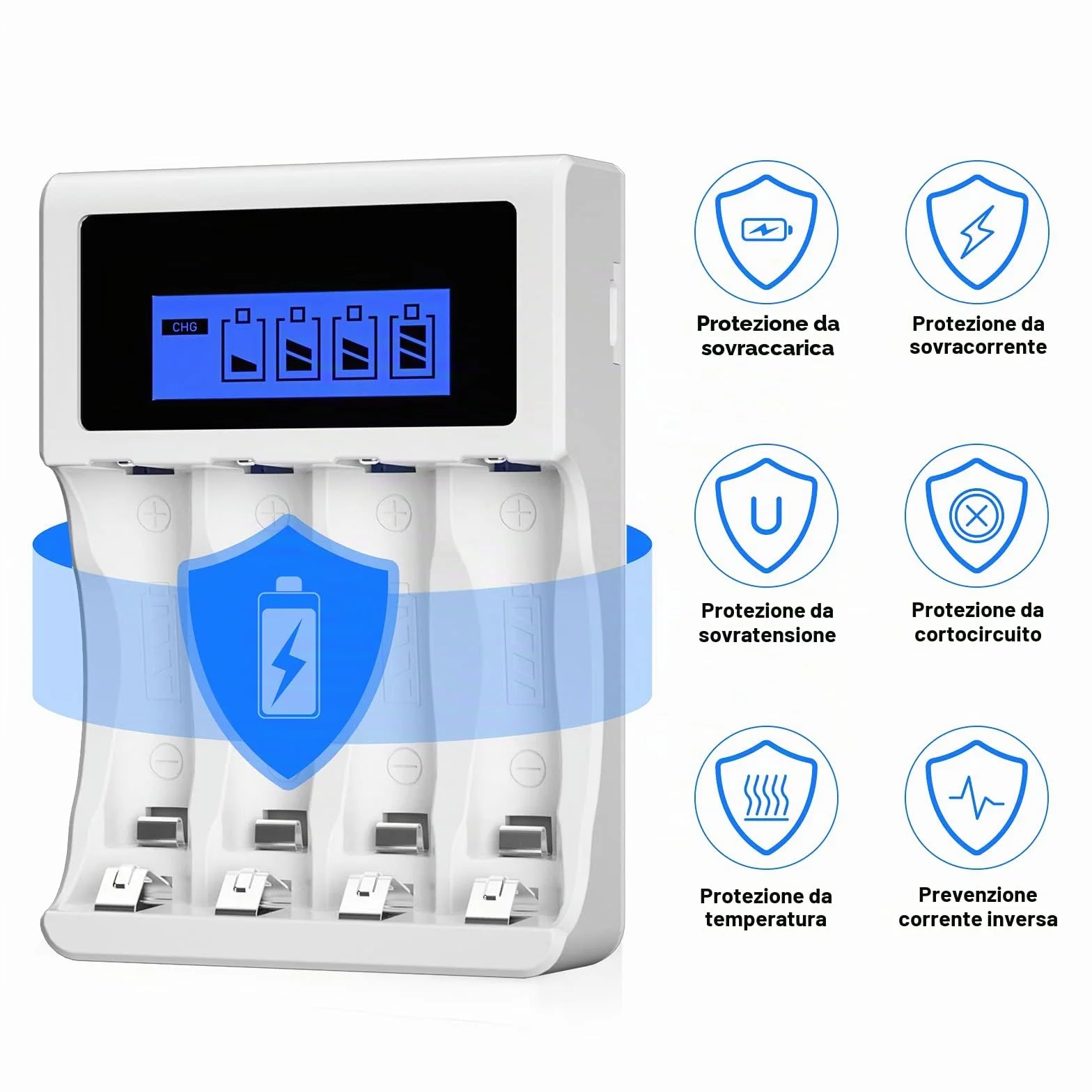 BONAI Caricabatterie per Pile Ricaricabili AA AAA con Display LCD, 4 Slot Indipendenti, Carica Ni-MH, Cavo USB