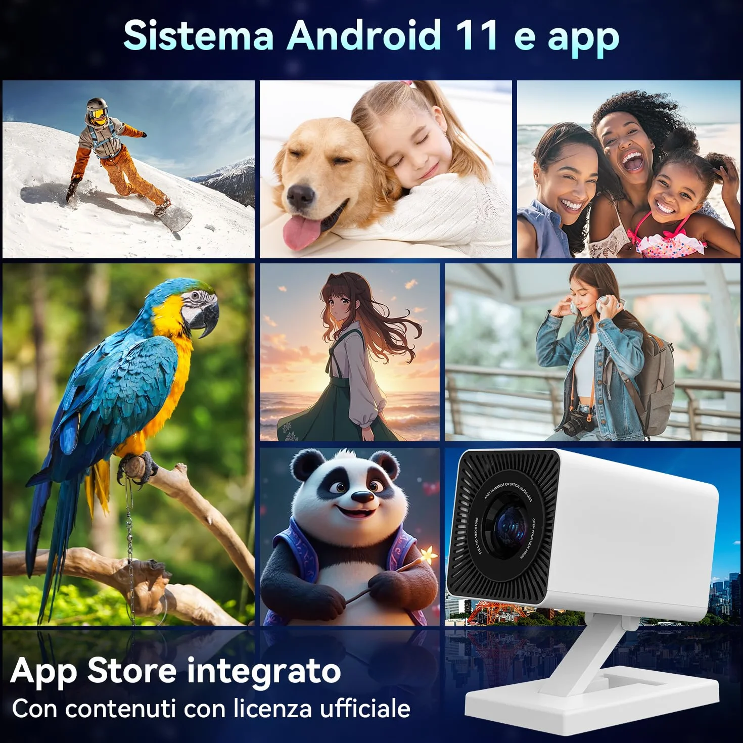 Mini Proiettore 4K Android 11, Portatile 5G WiFi BT 5.4, Full HD 1080P, 120 Pollici, Correzione Trapezoidale, HDMI/USB (bianco)