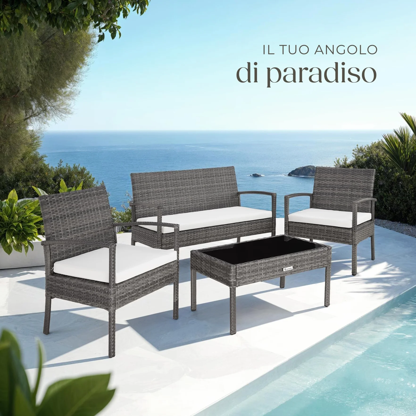 tectake® Set di Mobili in Rattan Sparta, Set Sedie, Panca, Tavolino Salotto con Lastra in Vetro, Comodi Cuscini Idrorepellenti, Ideale per Giardino, Terrazzo, Veranda - Grigio