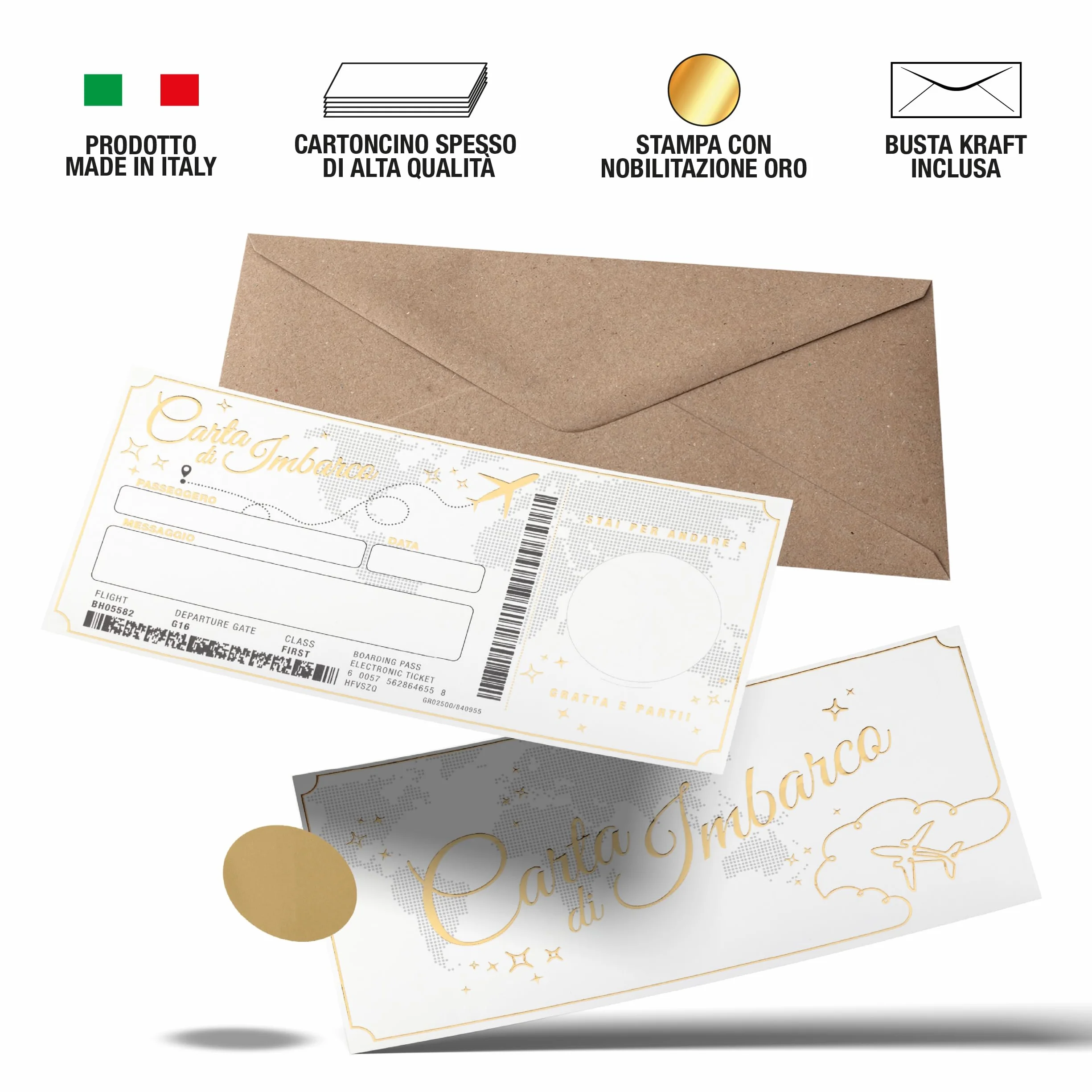 SIMAITALIA Biglietto Viaggio Sorpresa da Grattare - Elegante Regalo per Viaggiatori Personalizzabile (Bianco e Oro)