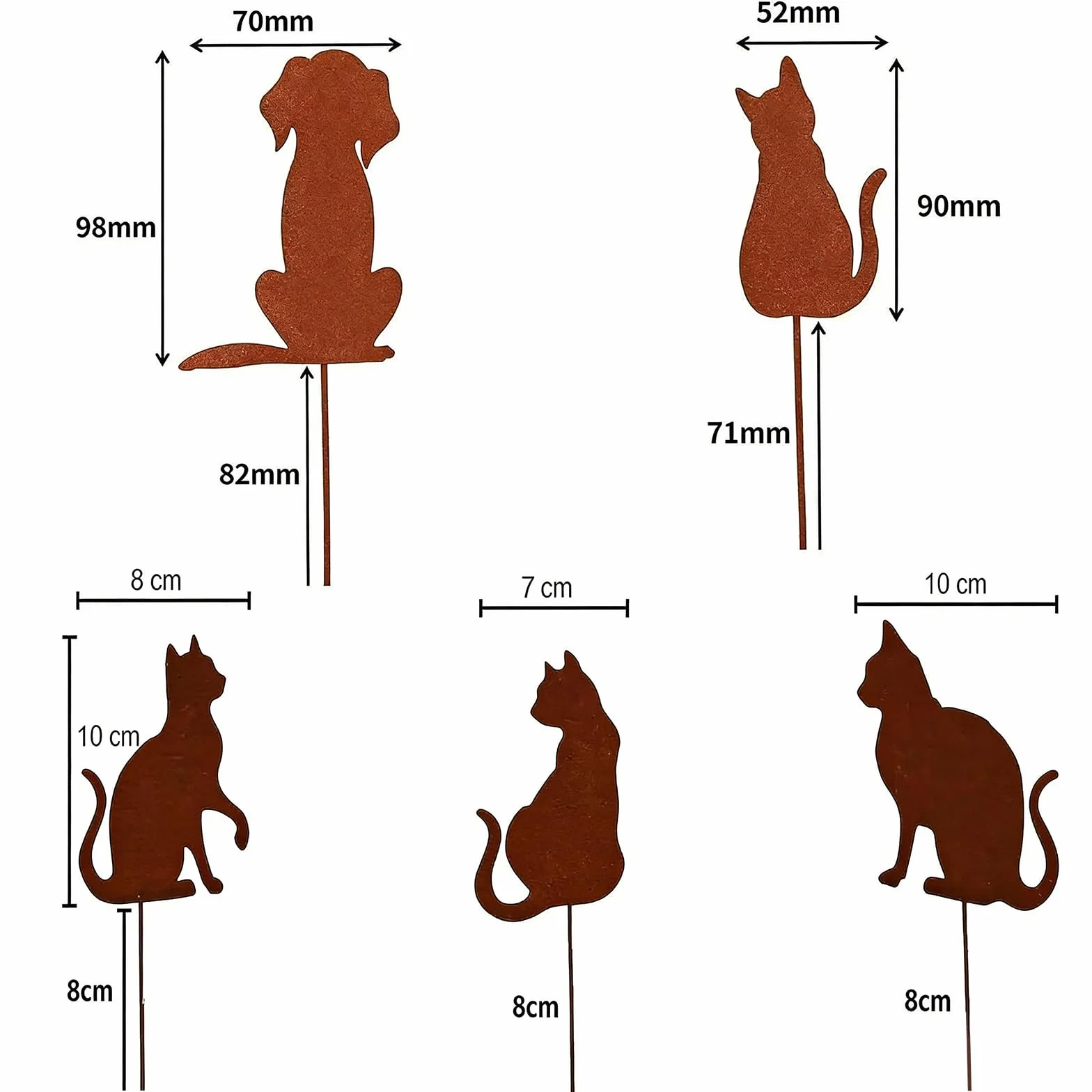 5 Pezzi Cani e Gatti Decorazione Giardino Ruggine, Spine da Giardino in Stile Arrugginito, per Terrazza e Balcone, Altezza ca. 18 cm