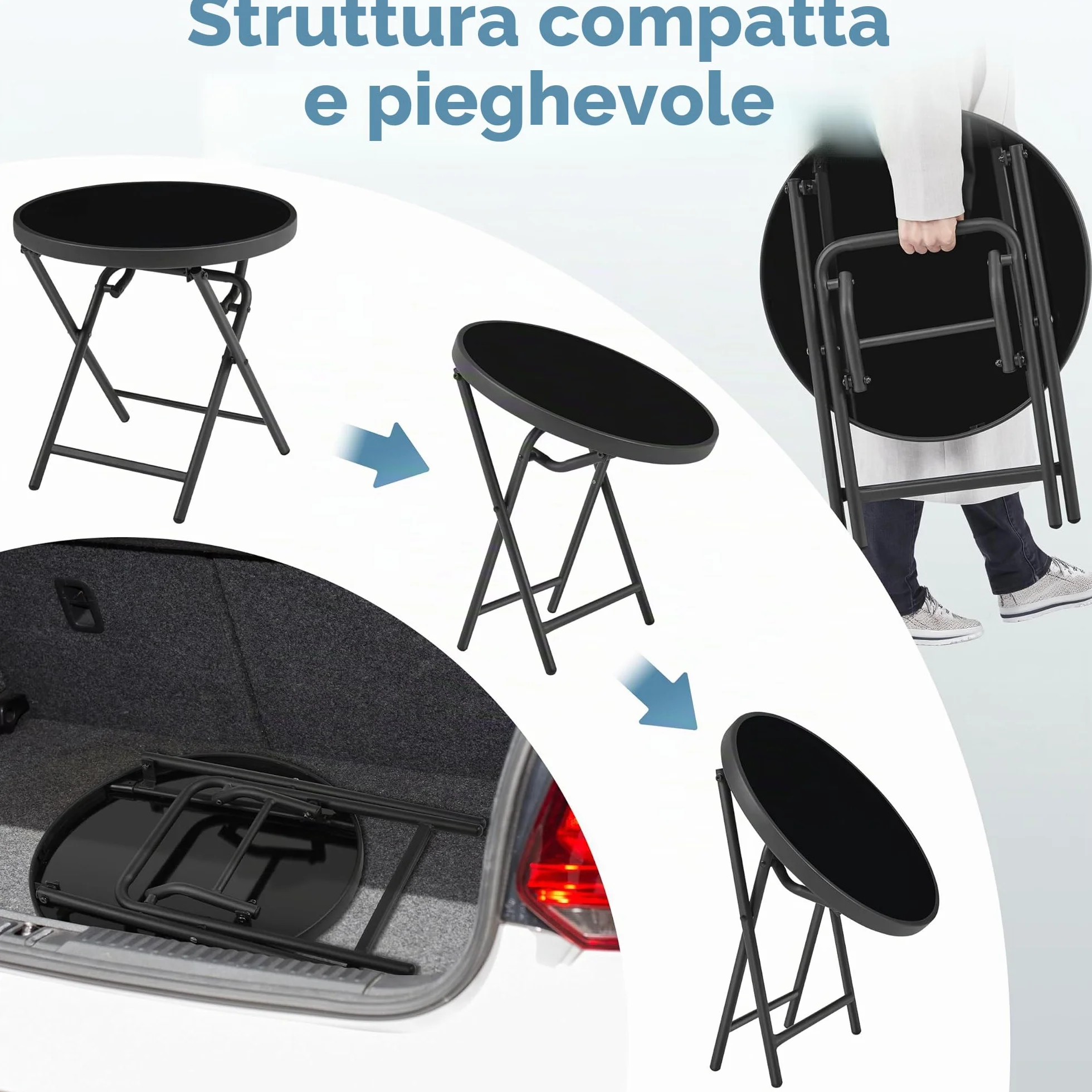 Yaheetech Tavolino Rotondo Pieghevole Dia.46 cm in Vetro e Metallo Resistente alle Intemperie Nero