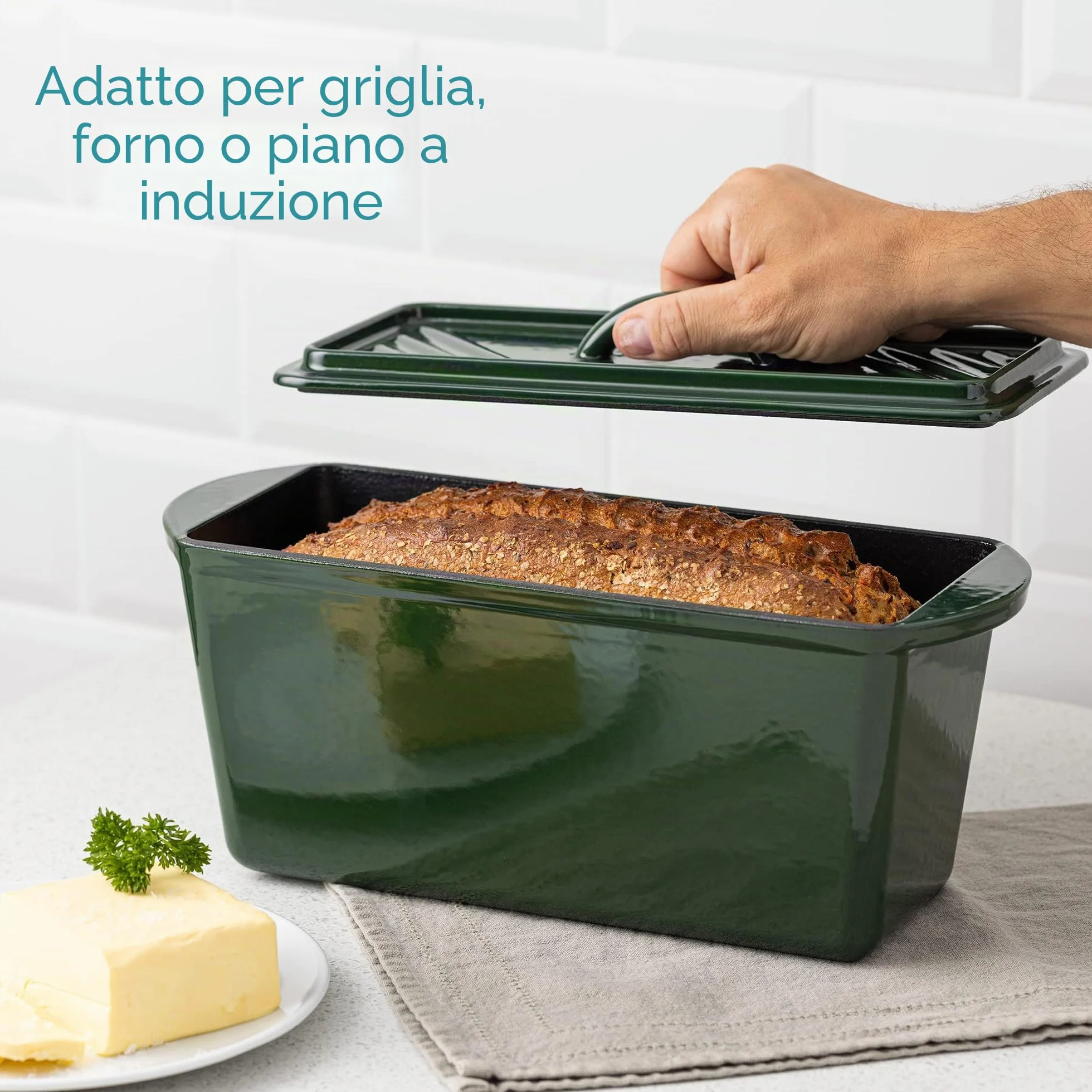 Navaris Pentola Pane da Forno in Ghisa 34 cm - Teglia con Coperchio per Cucinare Stufare - Forno Olandese per Grill Forni Fornelli - Stampo Cuoci Pane