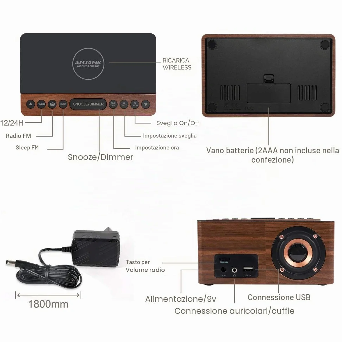 ANJANK Radiosveglia Digitale con Radio FM, Stazione di Ricarica Wireless Veloce 10W per iPhone/Samsung Galaxy, Display LED, Dimmer 5 Livelli, USB