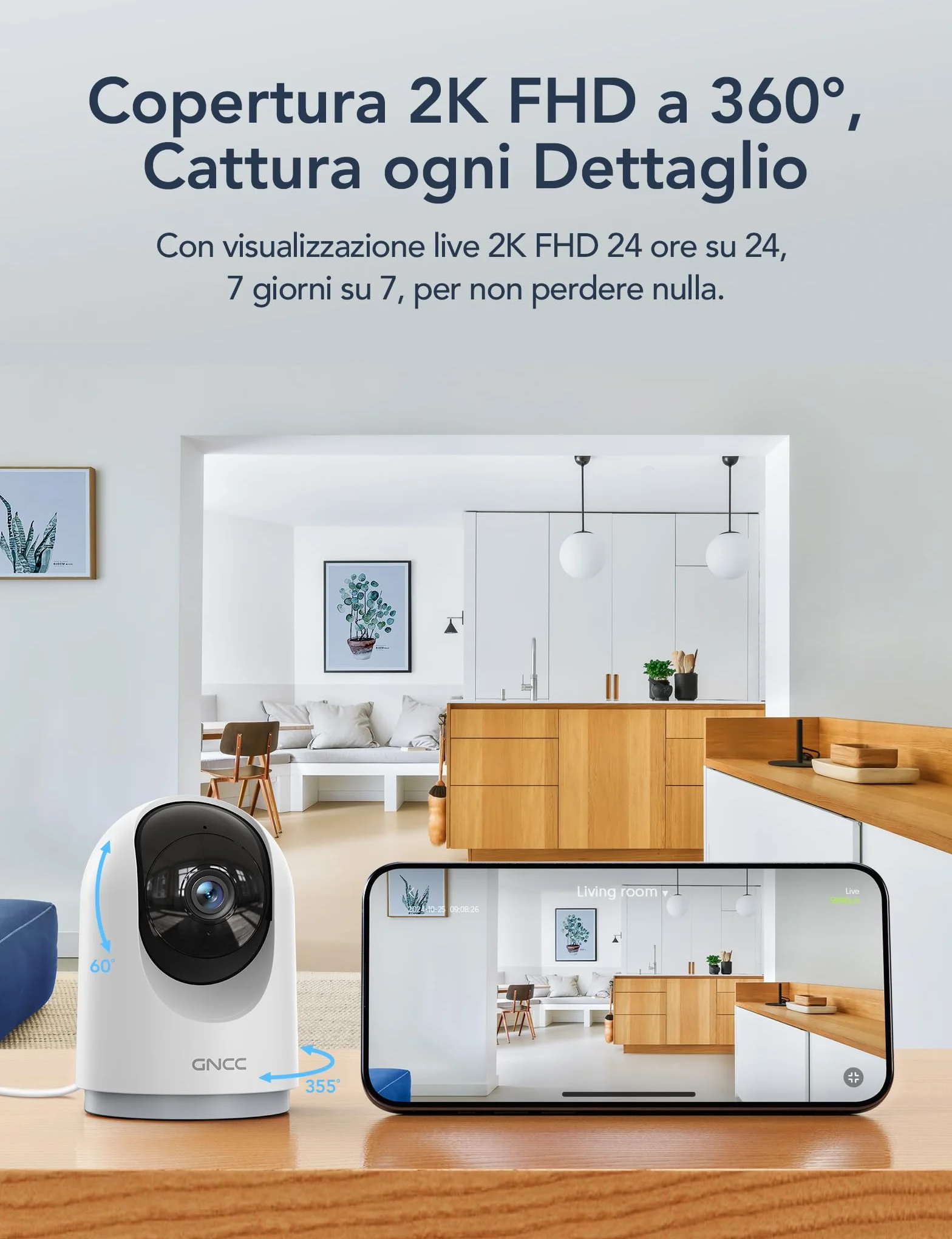 GNCC Telecamera WiFi Interno 2K Sorveglianza con Rilevamento Movimento Audio Bidirezionale Rotazione 360° Compatibile Alexa 2,4GHz