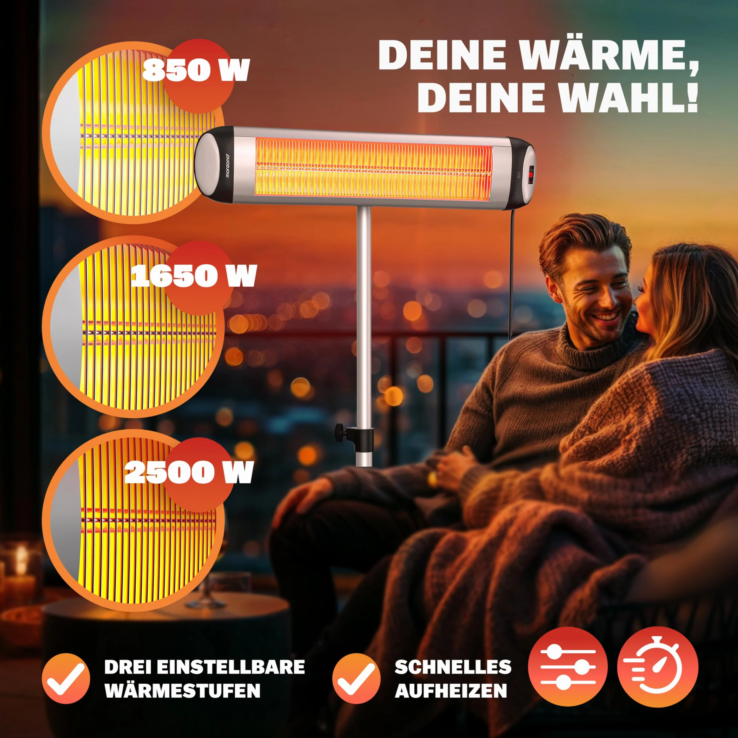 MONZANA Stufa Elettrica a Infrarossi MZH2500 2500W 110-175cm Telecomando Timer 24h