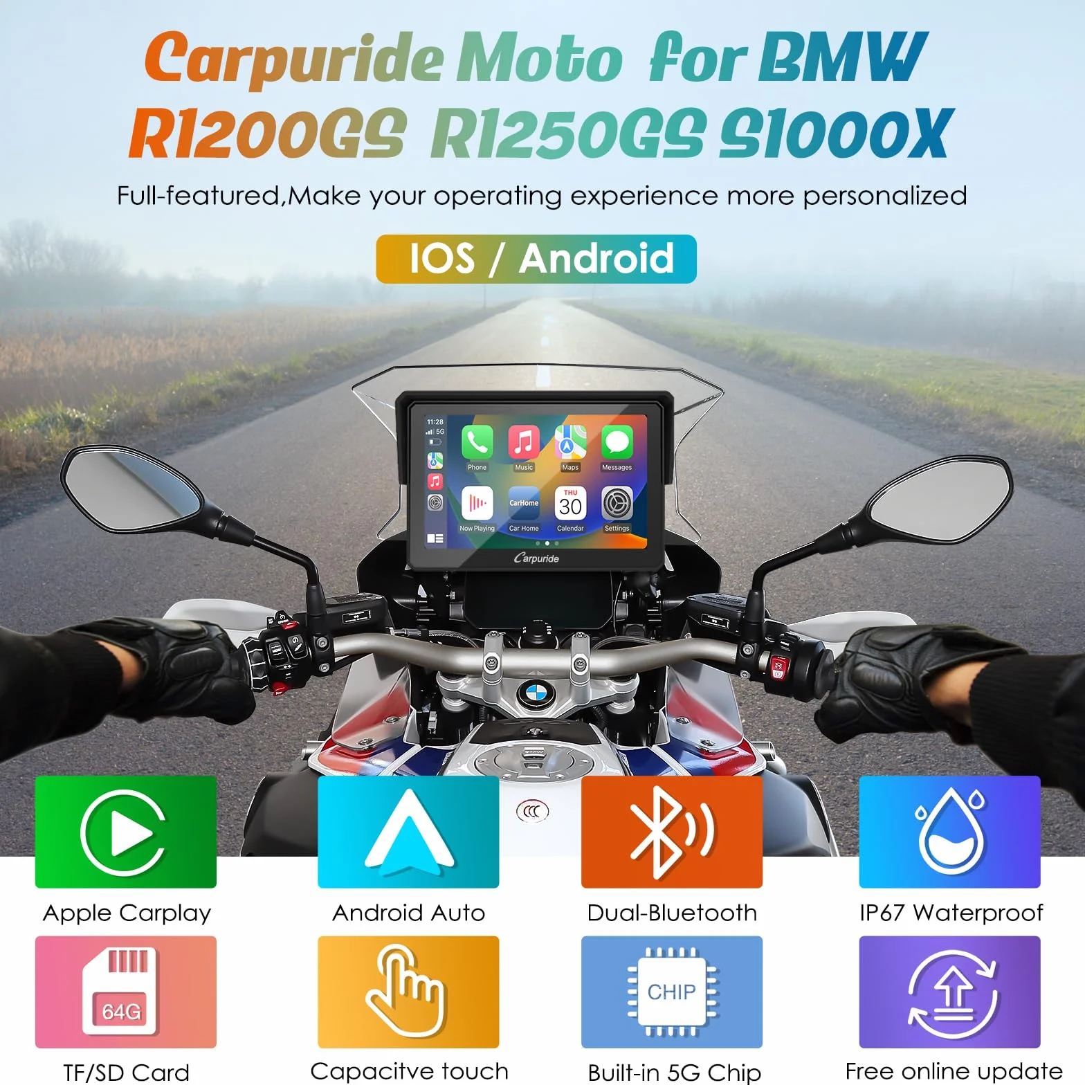 Carpuride W502B Schermo CarPlay 5 Pollici Touchscreen Impermeabile per BMW Moto R1200GS R1250GS S1000XR Navigazione GPS Wireless CarPlay Android Auto Doppio Bluetooth