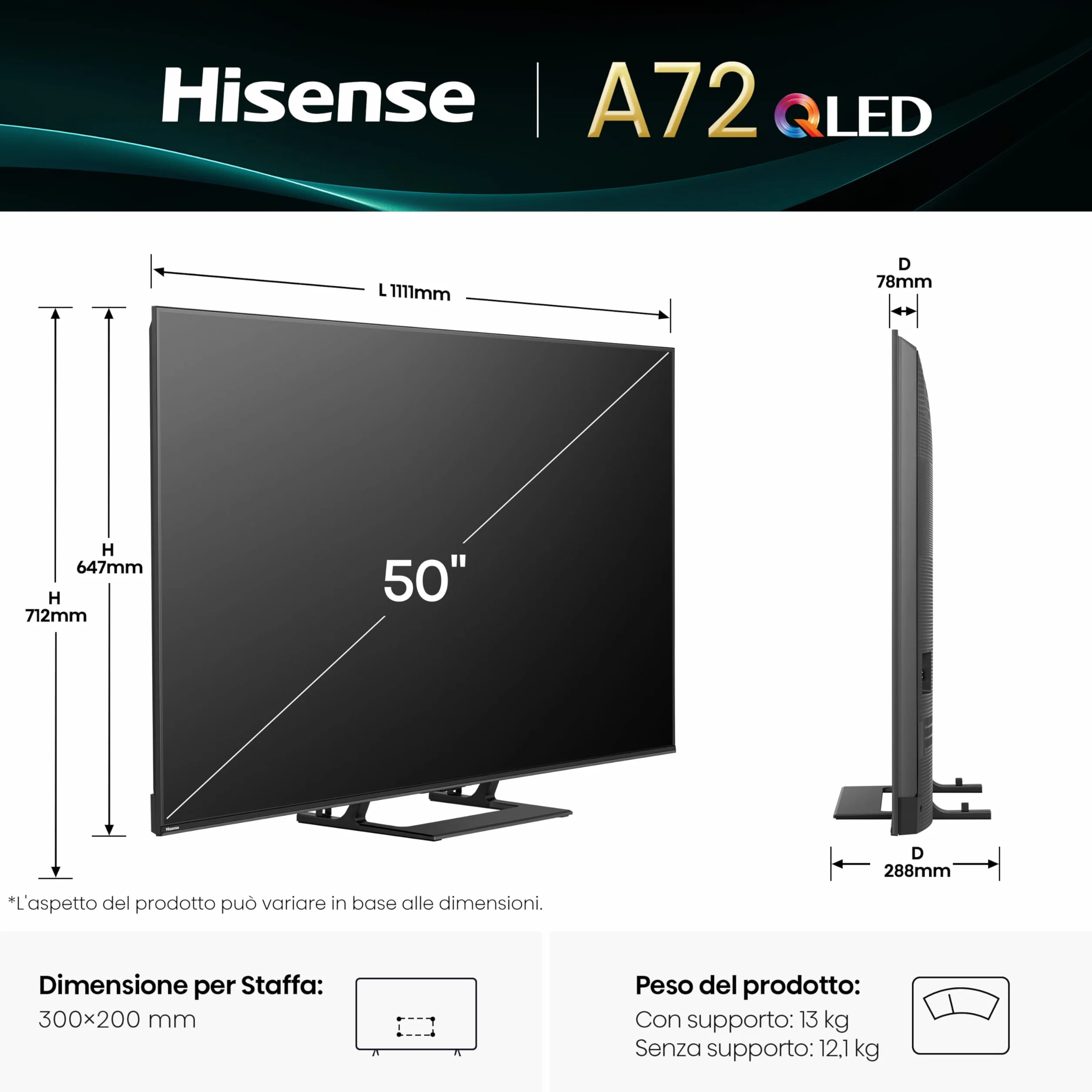 Hisense TV 50" QLED 4K 50A72Q Smart VIDAA U8 Dolby Vision HDR 10+ Game Mode Plus Dolby Atmos Alexa