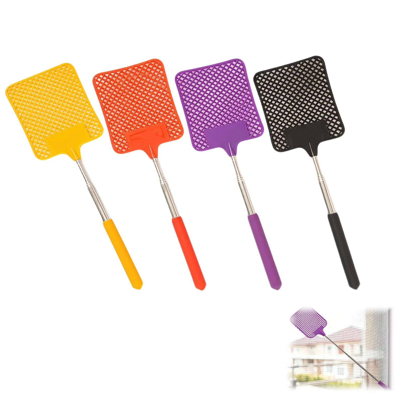 Scacciamosche telescopico Estensibile 4 Pezzi swatter zanzare Insetti a Mano 27.5-76 cm Colori Assortiti Uso Interno Esterno casa Ufficio Viaggio