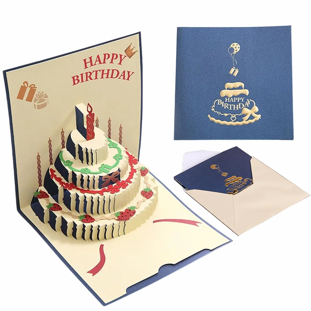 GXGM Biglietti di compleanno con busta, Premium 3D Pop Up, Happy Birthday, Blu