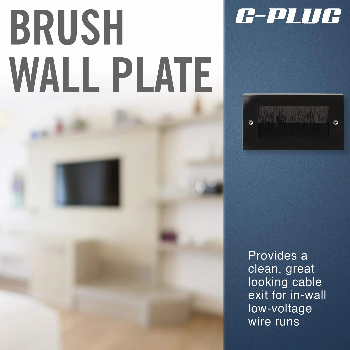 G-PLUG Piastra da parete UK nera Decora con inserto passacavo e cinghia a doppia banda