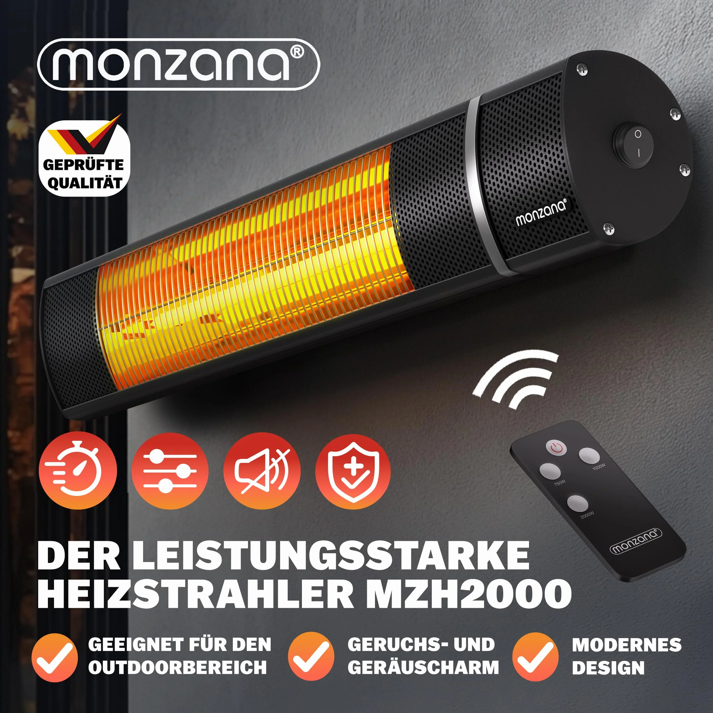 MONZANA Stufa Elettrica a Infrarossi 2000W 3 Livelli di Calore Telecomando Esterno