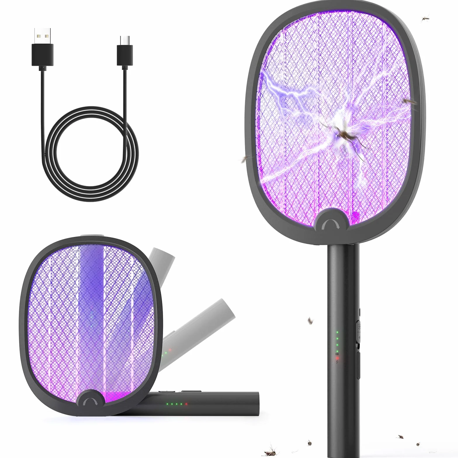 YISSVIC Racchetta Zanzare Elettrica 3 in 1 Pieghevole 4000V con USB Ricaricabile 1800mAh e LED Trappola per Zanzare Adatto per Interni ed Esterni Nero