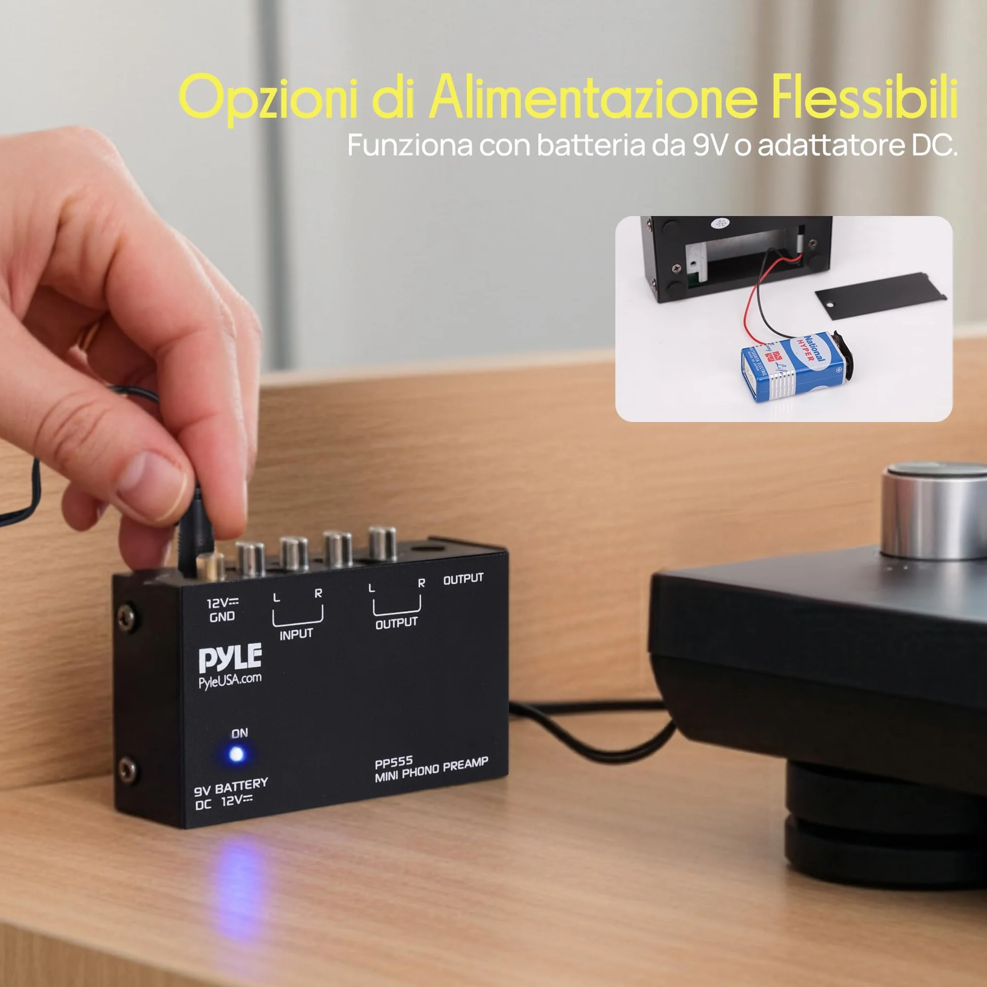 Pyle PP555 Phono Turntable Preamp Mini Electronic Audio Stereo Preamplifier 9V Battery DC 12V RCA Input Output Low Noise Black