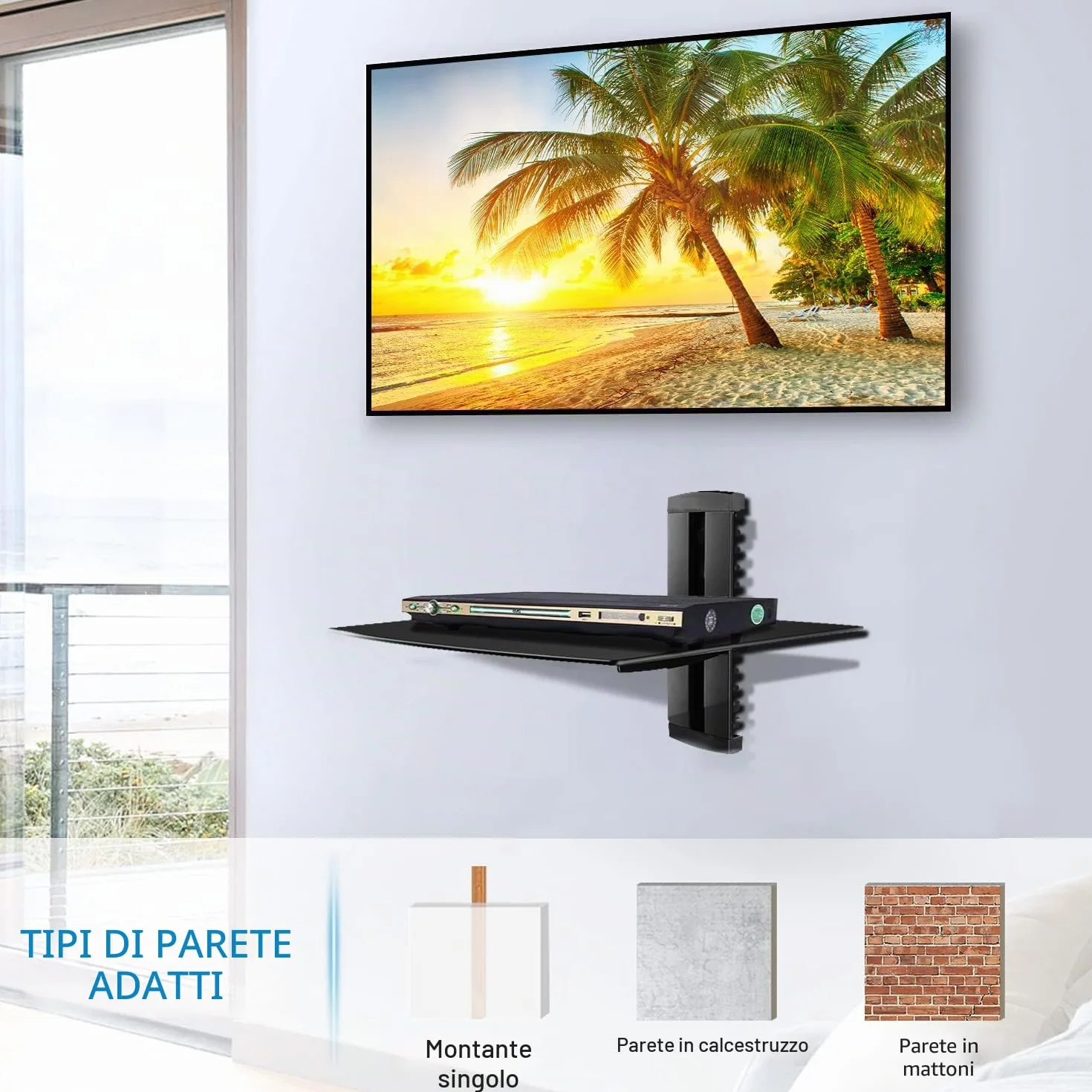 Suptek Supporto da Parete per Lettori DVD e Console TV con Ripiano in Vetro Nero CS201