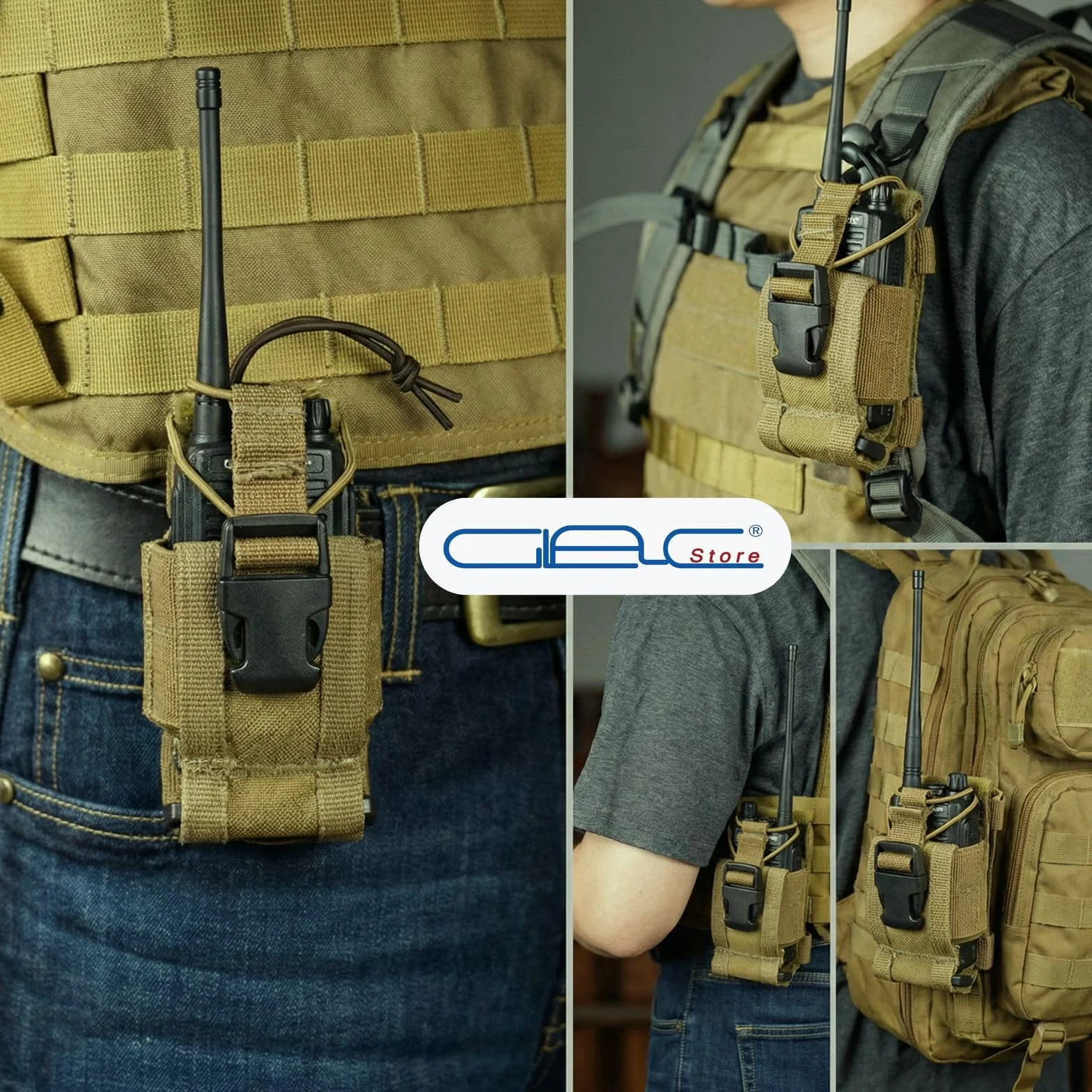 Tasca porta radio tattica MOLLE universale compatibile gilet zaini cinture 4 colori Tan