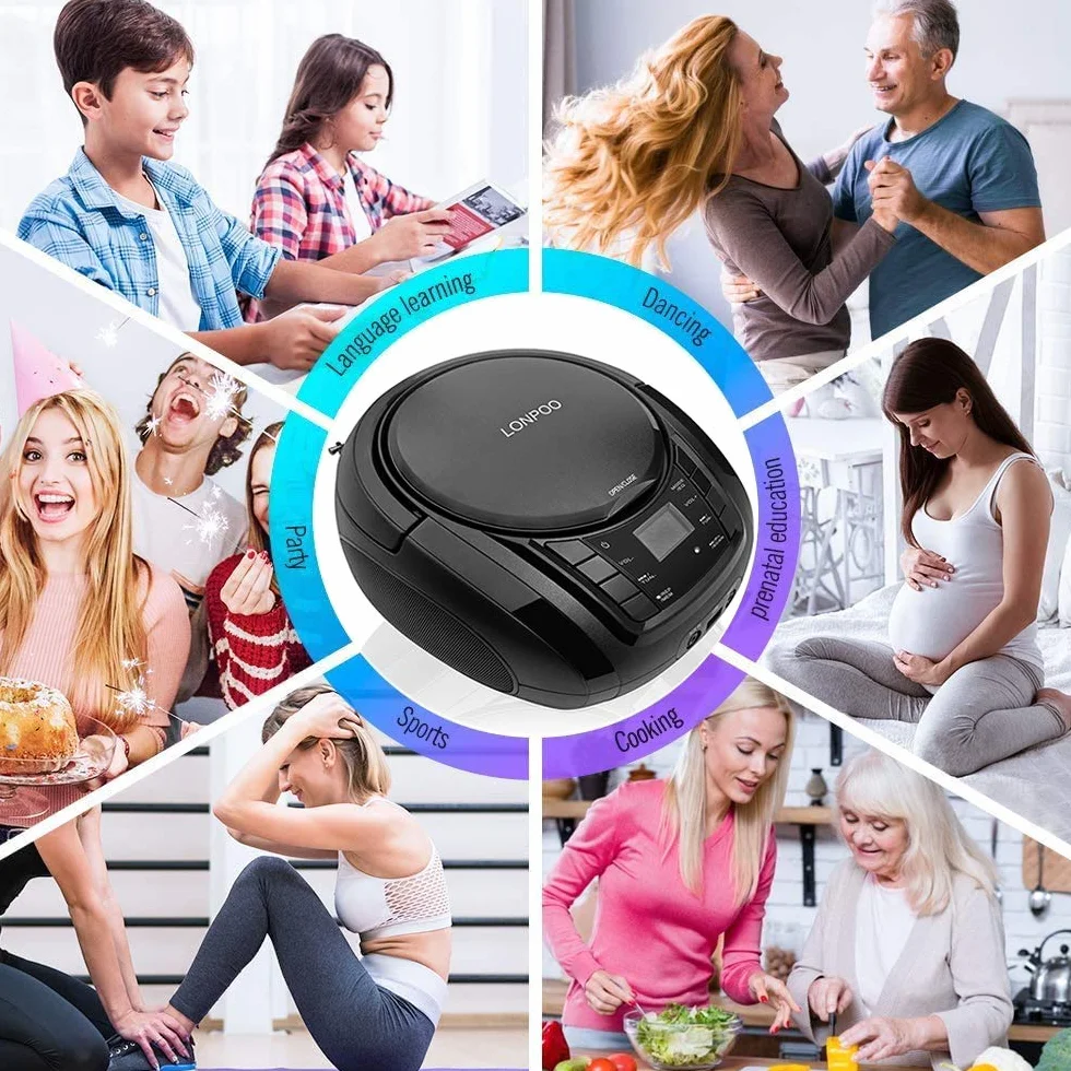 Lettore CD Portatile LONPOO Boombox Stereo Bluetooth con Altoparlanti Integrati, Ingresso USB, AUX, Uscita Cuffie (Black)