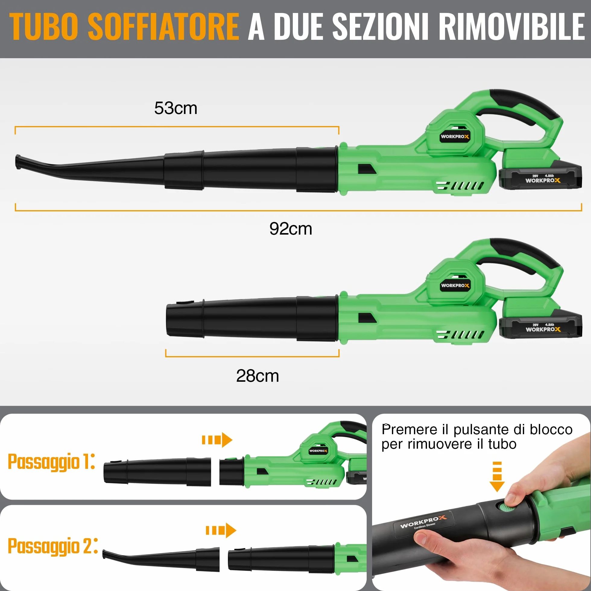 WORKPROX Soffiatore per Foglie 20V con Batteria, Flusso d'Aria Potente 222KM/H, Capacità 290 M³/H, Soffiatore per Giardinaggio