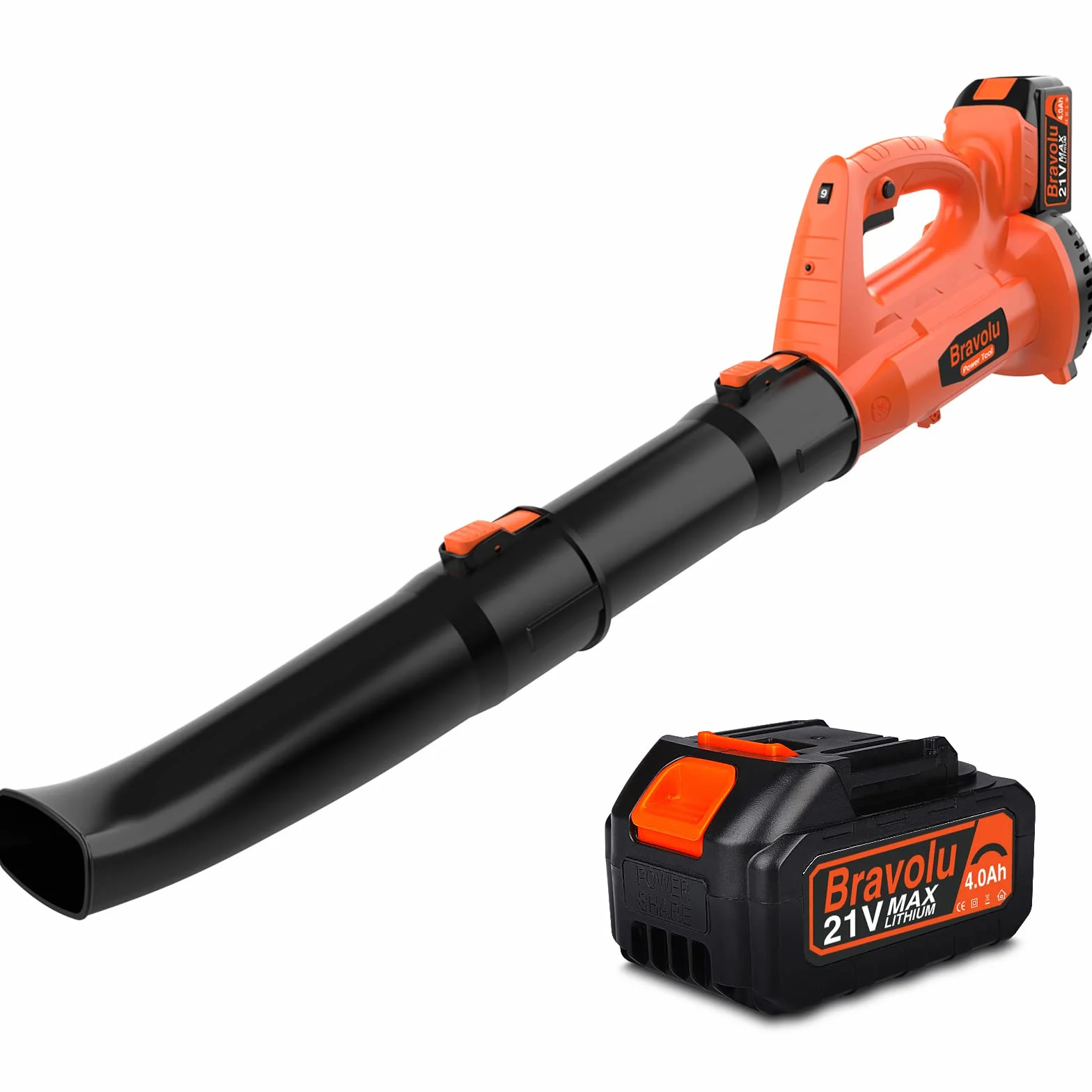 Soffiatore a Batteria, Bravolu 21V Soffiatore Foglie Elettrico, con Batteria da 4,0 Ah e Caricabatteria, Velocità Aria Max Regolabile 240 km/h, 20000 RPM con 6 Velocità Regolabili, Ugelli a 2 Sezioni