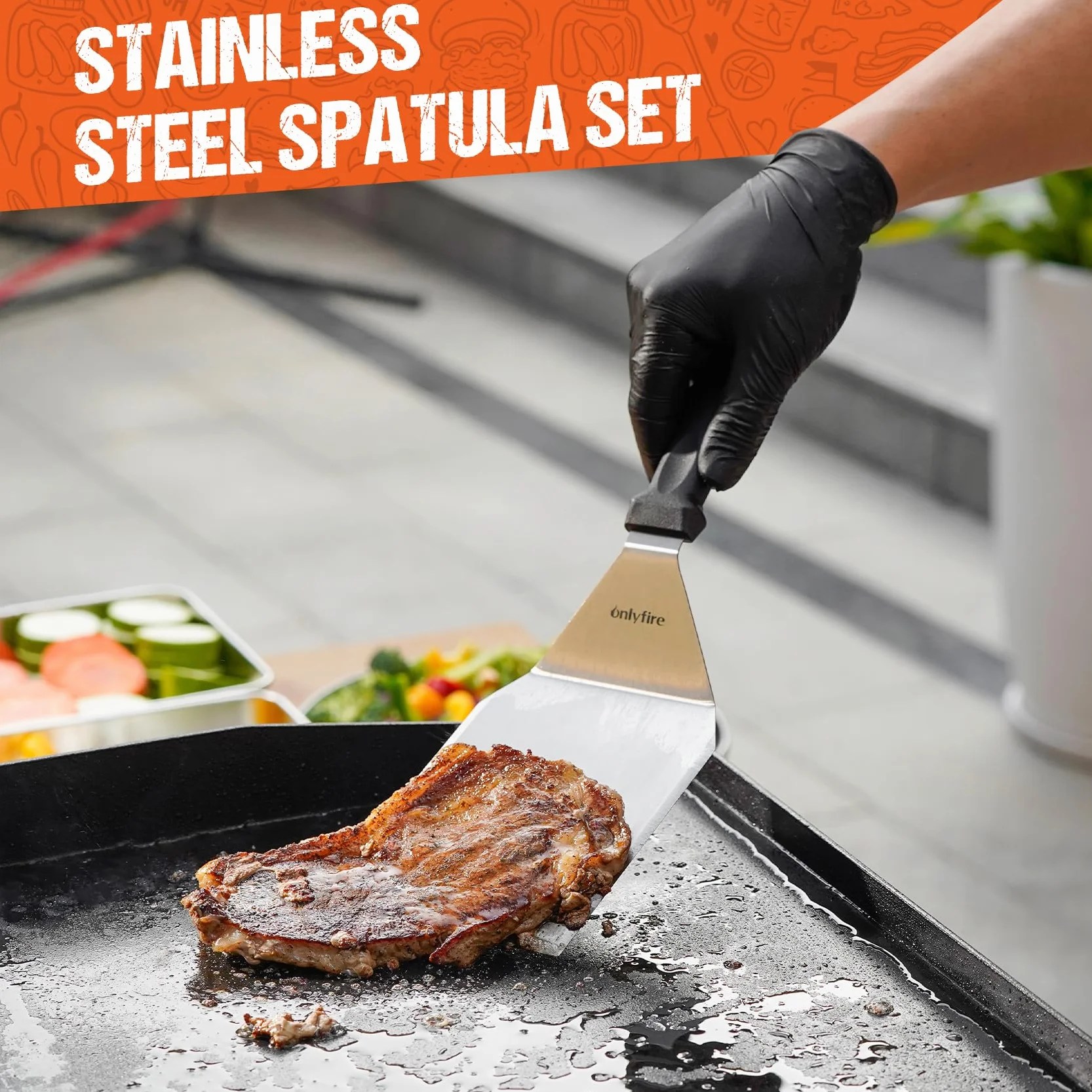 onlyfire Set di spatole professionali per barbecue, spatola per piastra in acciaio inox, spatola perforata e raschietto per griglia, kit per hamburger per grigliare, cucinare e pulire