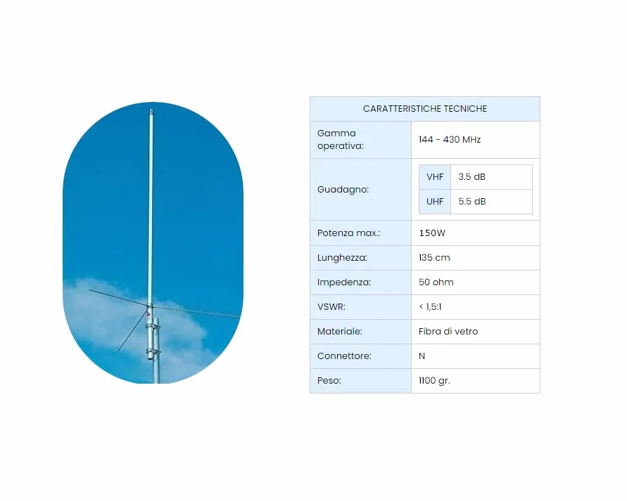 Antenna Bibanda Base 144/430 MHz 135 cm MA-1300