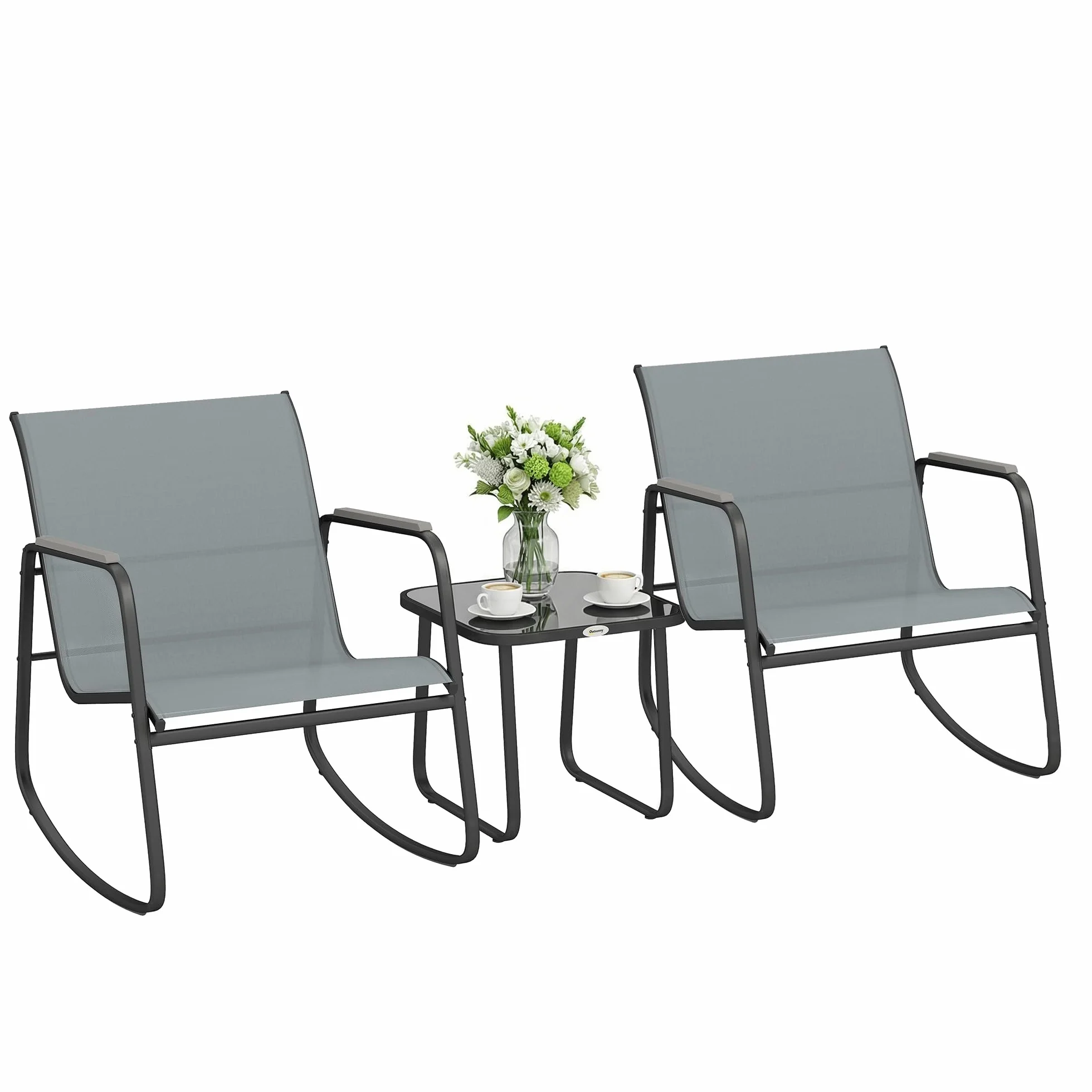 Outsunny Set da Bistrò da 3 Pezzi, Set Tavolo e Sedie da Giardino in Acciaio con 2 Sedie a Dondolo Traspiranti in Texteline e Tavolino in Vetro, per Patio Balcone, Grigio