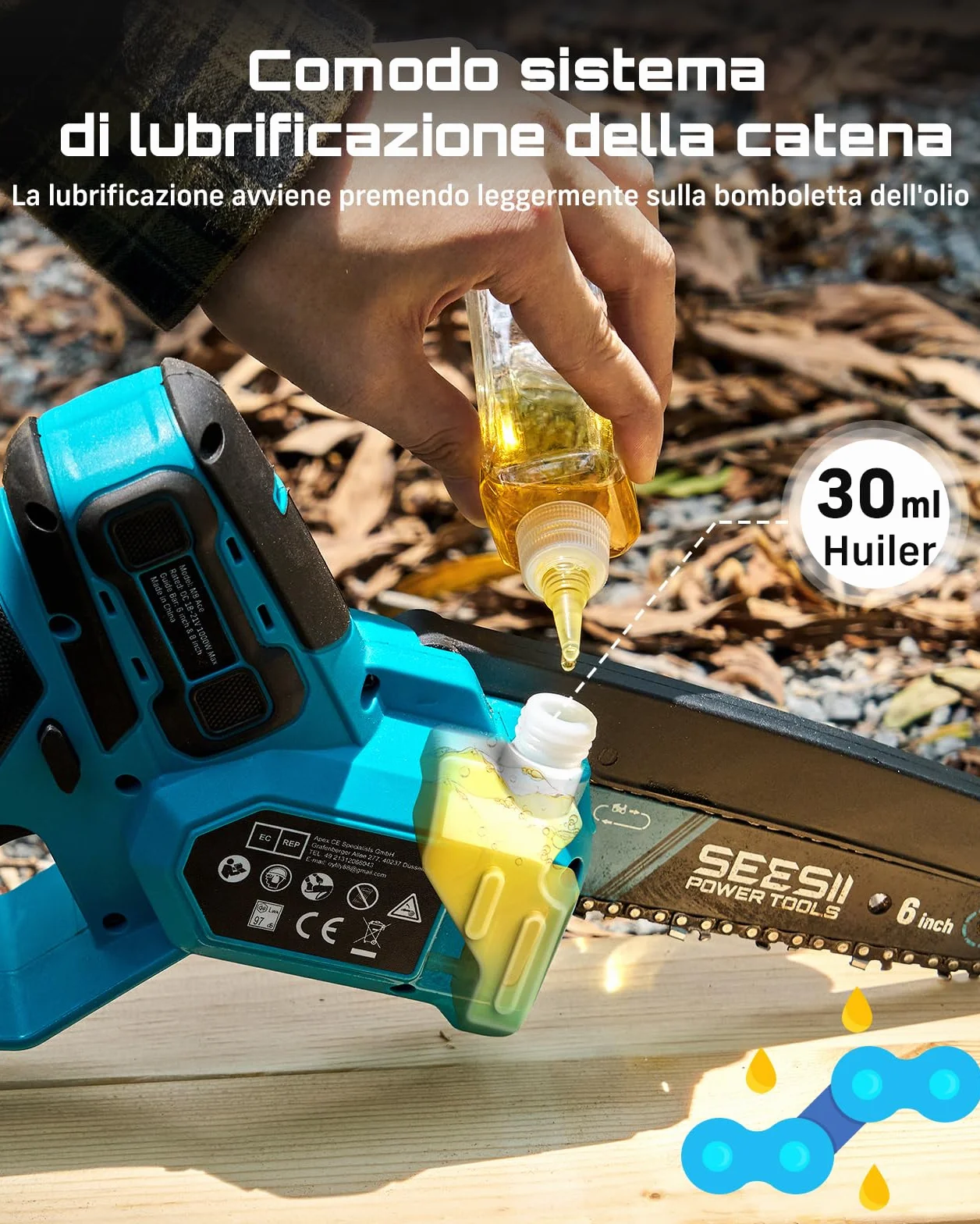 SEESII 6 & 8 Motosega a Batteria, 1000 W Mini Motosega con 2 * 4000 mAh Batterie, Sega Elettrica per Legno con Lubrificazione Automatica, Chainsaw Motosega da Potatura, Rami
